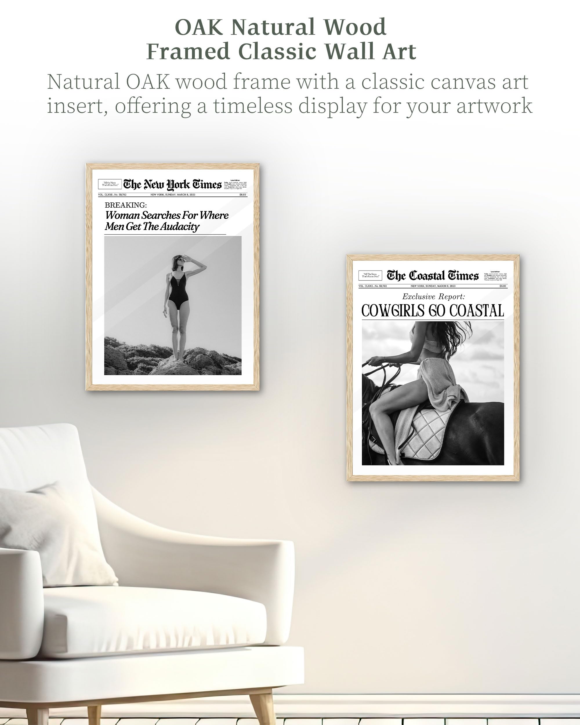 Ihery Framed Trendy Newspaper Wall Art,12X16In Canvas Wall Art,Beige Oak Wood Frame,Retro Vintage New York Magazine Headline New