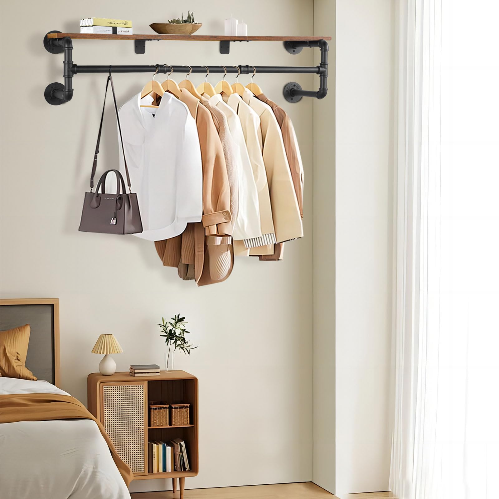 Yawinhe Industrial Pipe Clothing Rack With Shelves, Wall Mounted, Space Saving Closet Rod With 4 Bases, For Shops, Homes, 41.3''