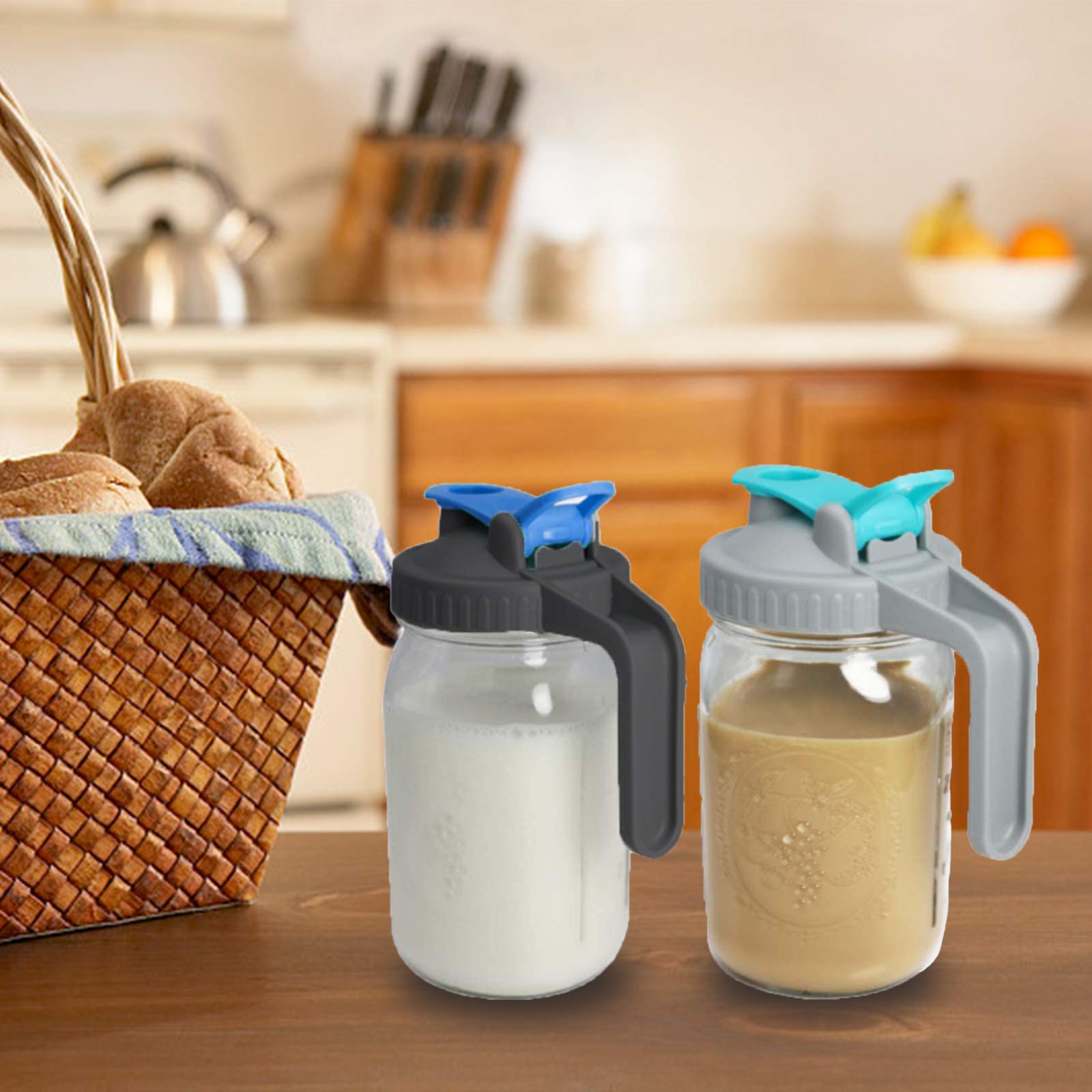 Mason Jar Pour Spout Lid, Wide Mouth Silicone Mason Jar With Handle Airtight & Leak-Proof Seal Easy Pouring Spout | Turns Your M