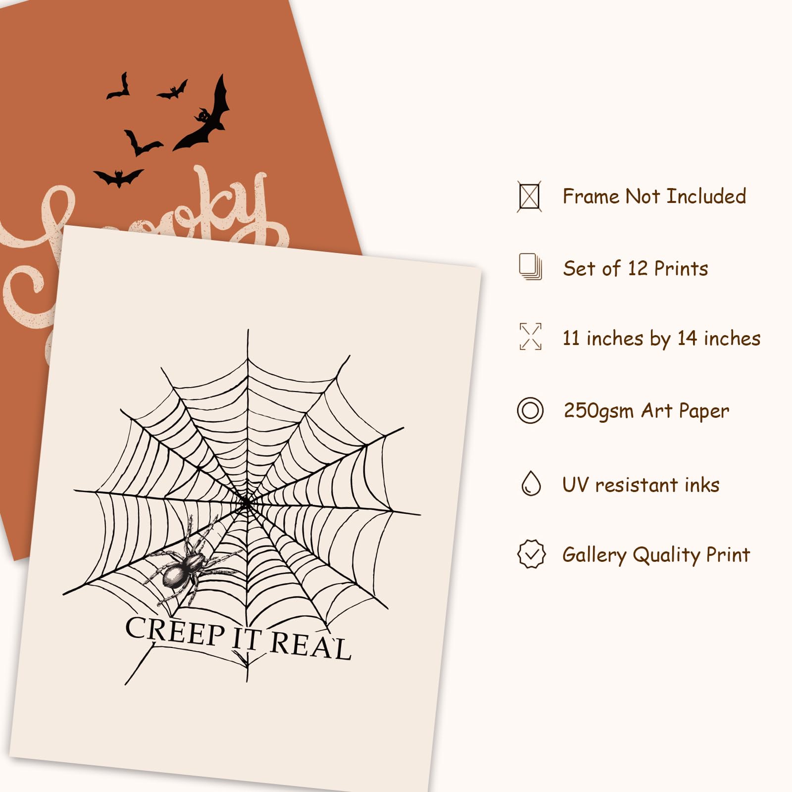 Whaline 12Pcs Halloween Wall Art Prints 11X14 Inch Boho Skeleton Ghost Black Cat Art Poster Decor Halloween Art Prints For Hallo