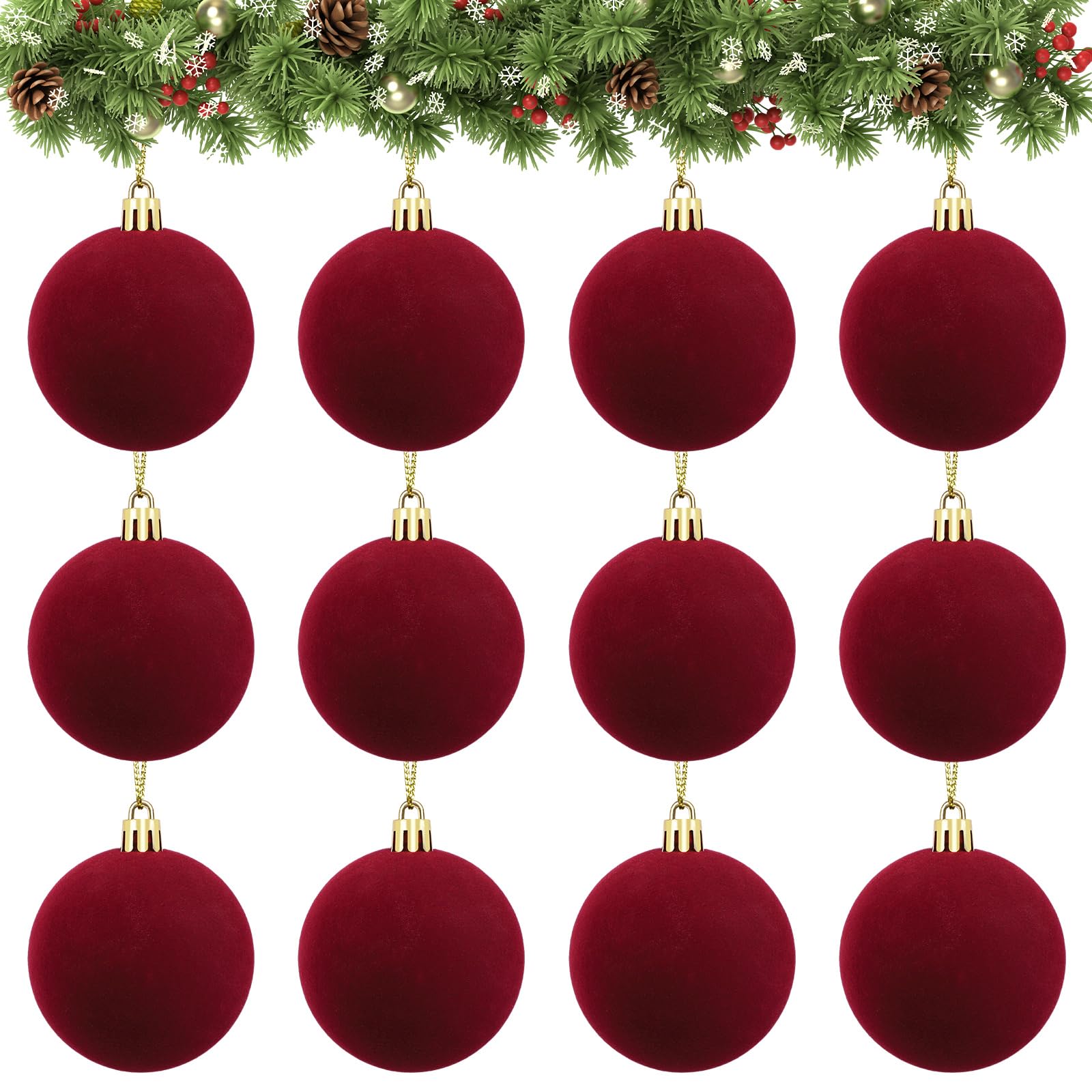 Velvet Ball Ornaments Christmas Balls Burgundy Red 12 PCS 2.36-Inch Xmas Tree Ball Ornaments for Christmas Trees Decorations Gif