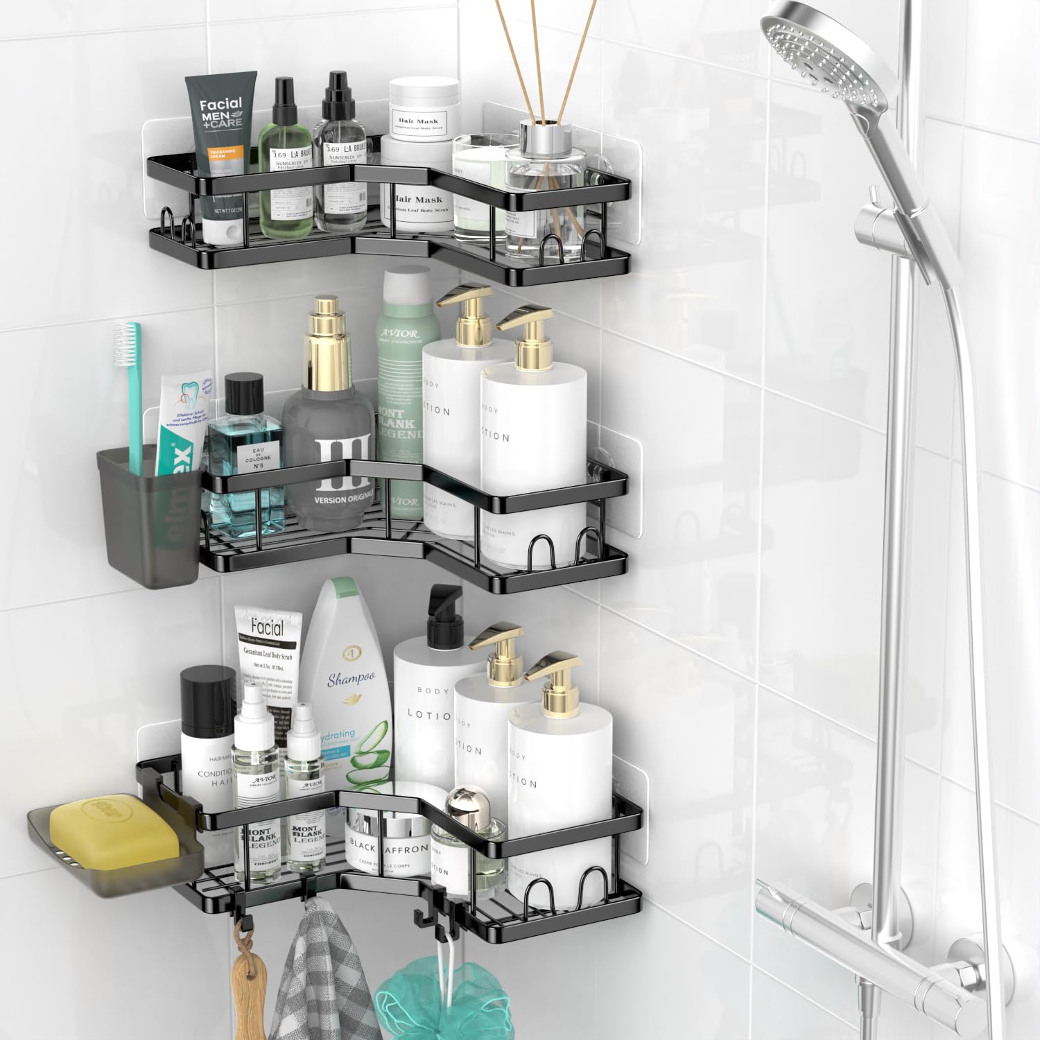 AKTECKE Corner Shower Caddy Bathroom Organizer Adhesive Shower Rack Bathtub Shelves - 3Pack No Drilling Shower Shelf For Inside Shower - Rustproof Bath Tub Organizer