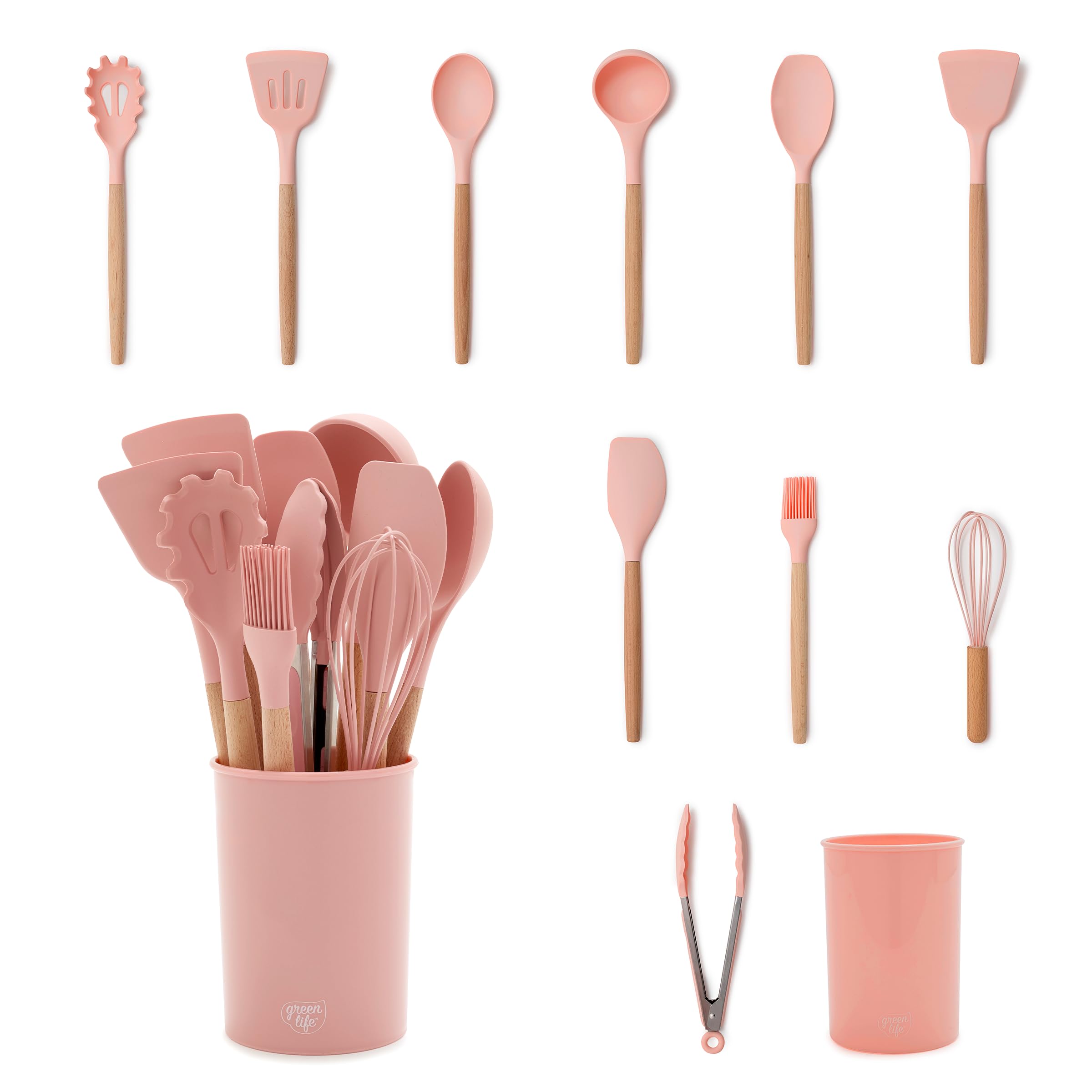 GreenLife 11 Piece Silicone Utensil Crock Set, Nonstick Kitchen Tools, Ladle, Turner, Slotted Turner, Spatula, Spoon, Spaghetti 