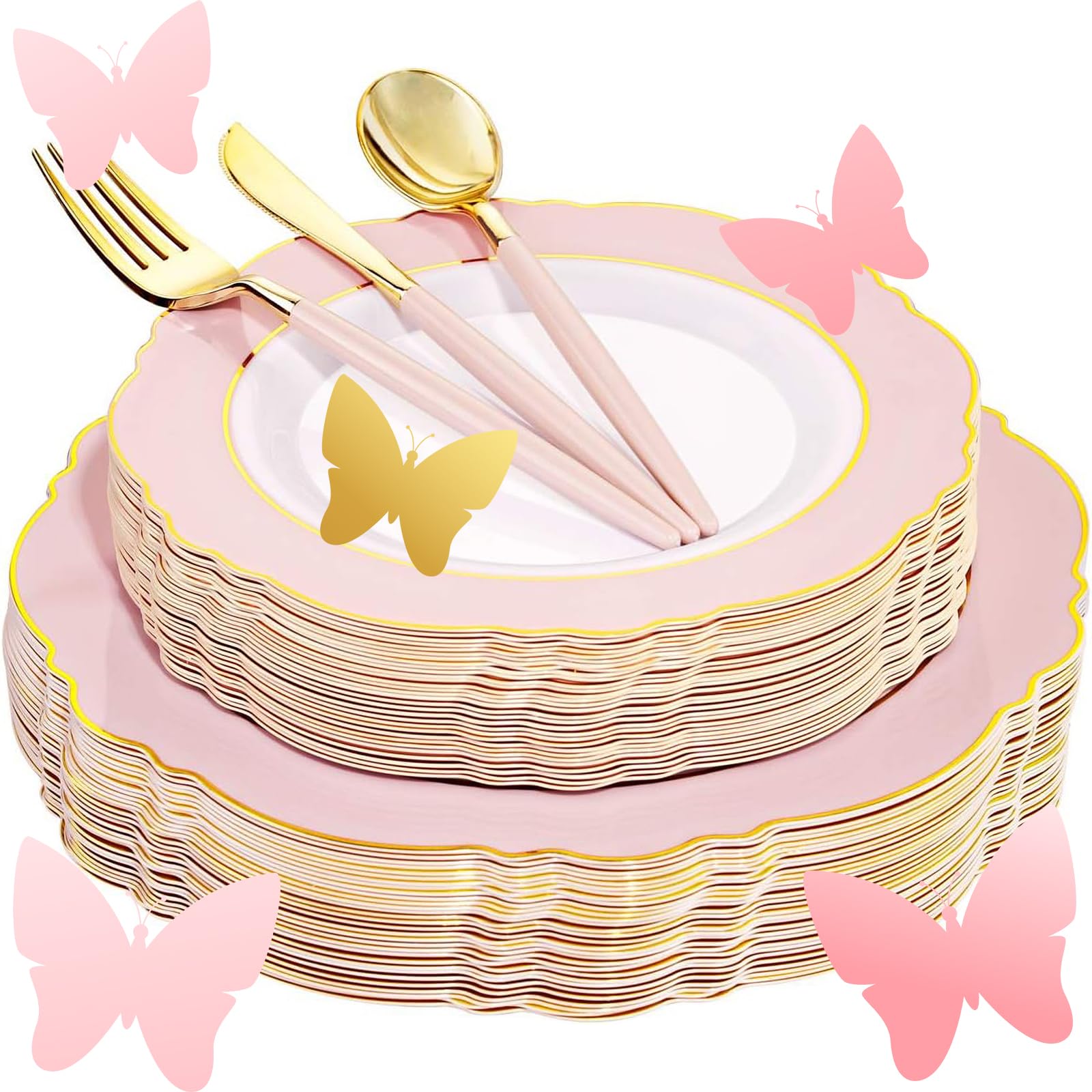Wdf 30Guest Pink Plastic Plates - Hign-End Baroque Design - Gold Plastic Silverware With Pink Handle-Baroque Pink &Gold Plastic