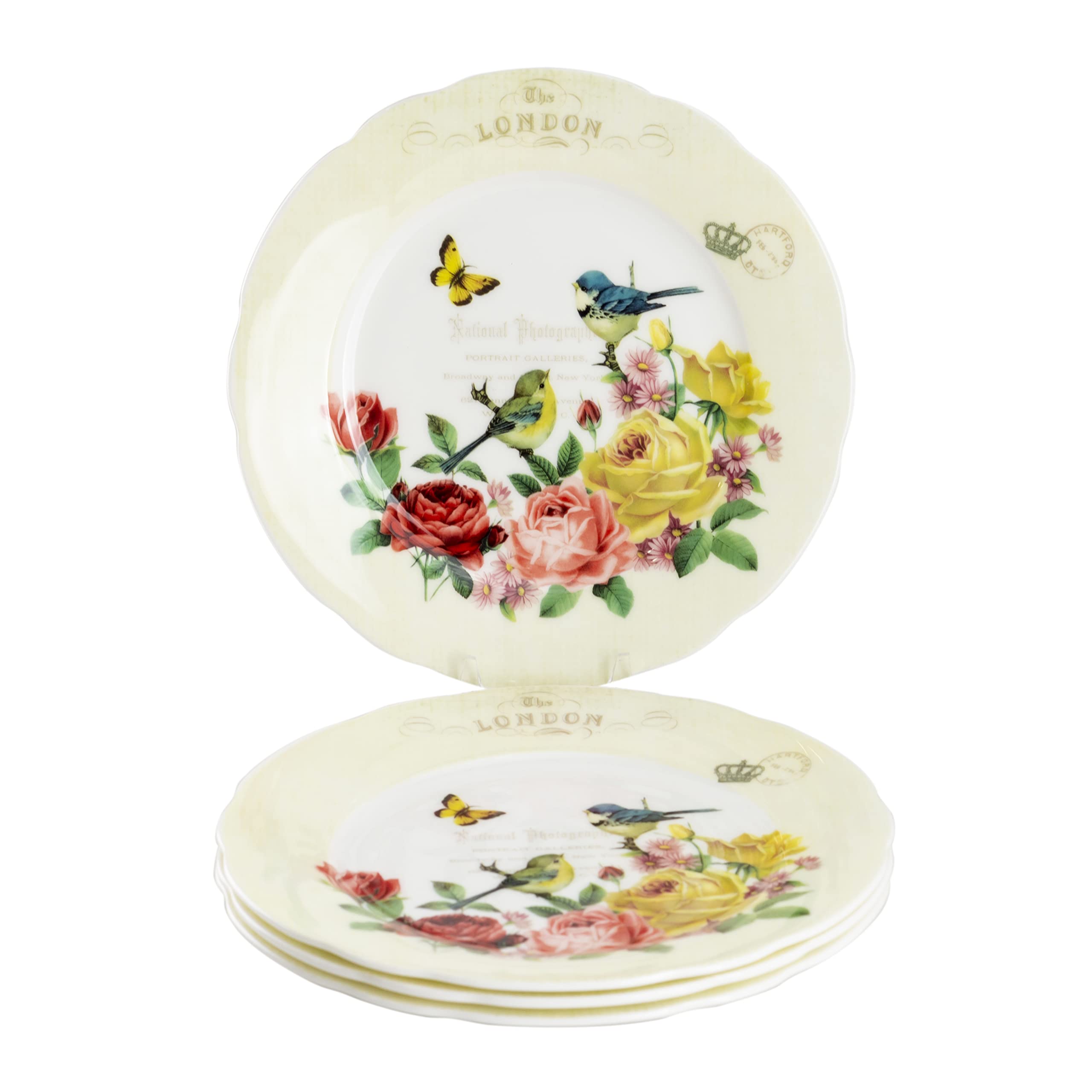 Gracie Bone China By Coastline Imports Rose Butterfly Bird 7.5-Inch Set Of 4 Bone China Dessert Plates Diameter, Yellow, Pink, W