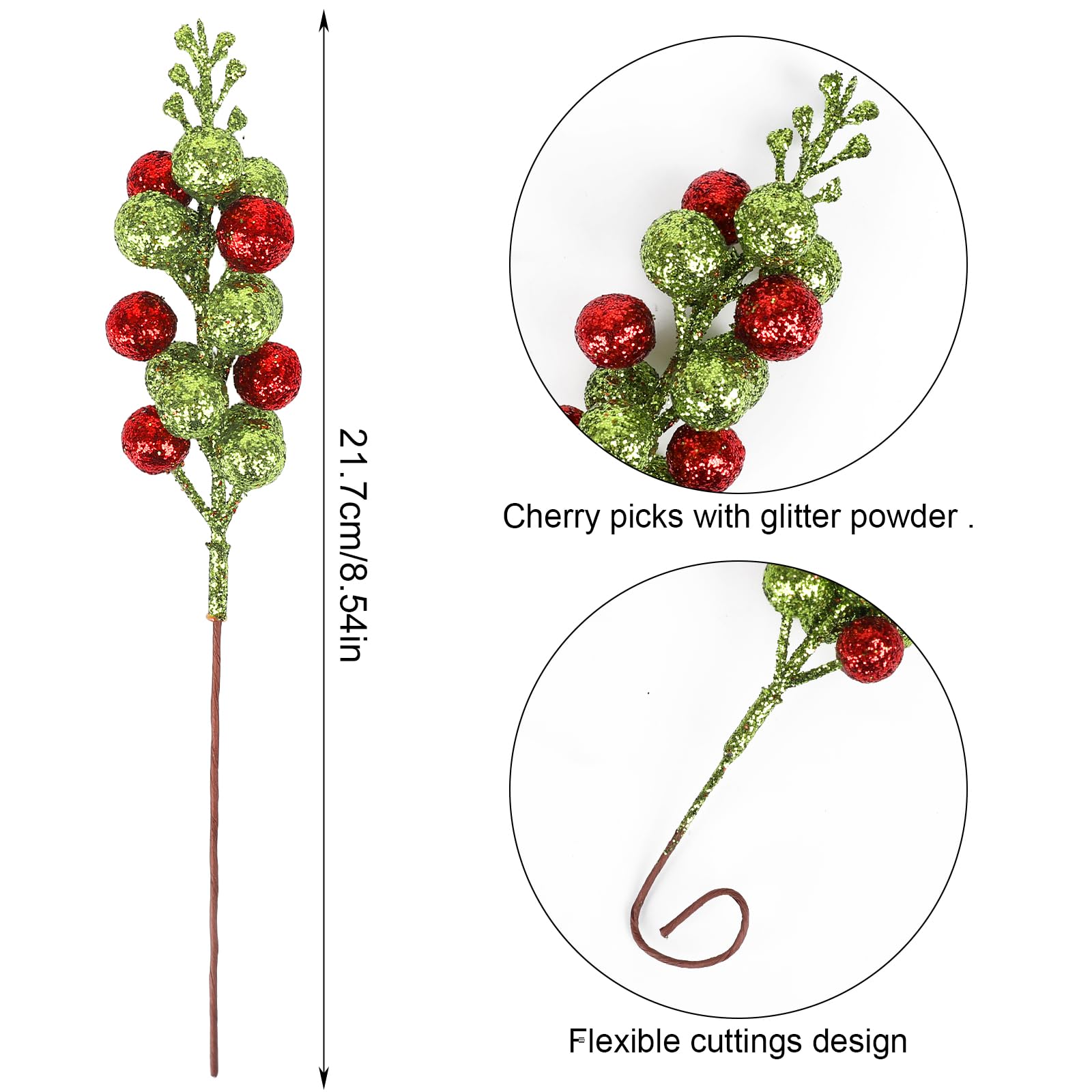 DIYASY Artificial Berry Stems, 20 Pcs Glitter Christmas Tree Picks Xmas Branches Filler Holiday Wreath Garland Decorations Home