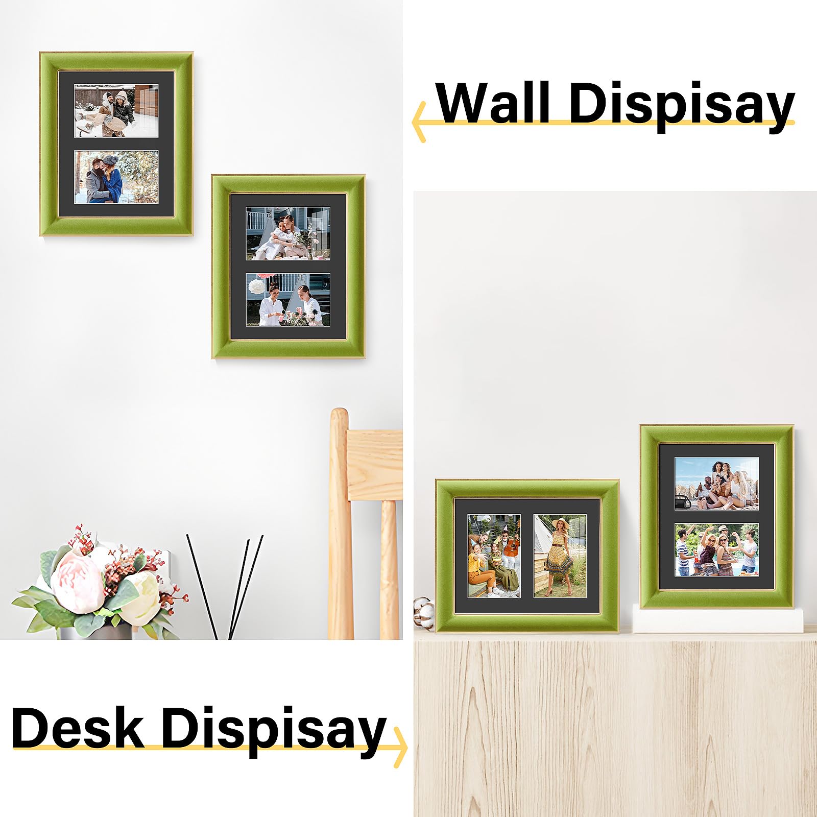 KSROECUD 8x10 Velvet Picture Frame with 2 Opening 4x6 Picture, HD Real Glass Light Green Velvet Photo Frame with Black White Bor