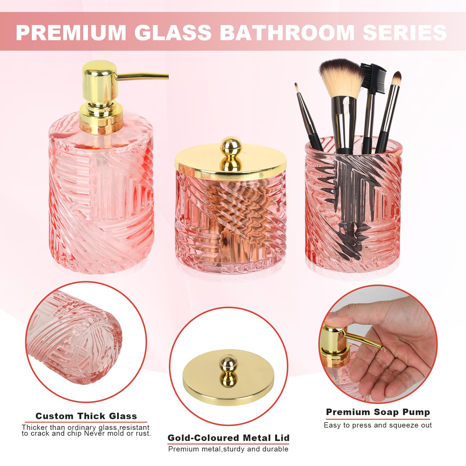 Bathroom Accessories Set,4 Pcs Pink Glass Bathroom Accessories Sets Complete With Lotion Soap Dispenser,Toothbrush Holder,Qtip H