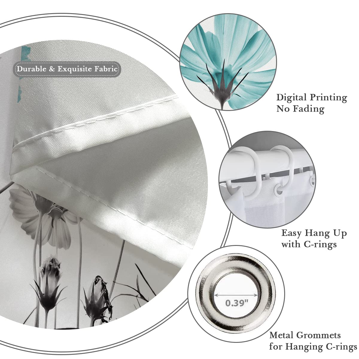 Kikiry Stall Shower Curtain Small 36''W X 72''L Teal And Gray Floral Daisy Flower Elegant Wildflower Design Polyester Fabric Wat
