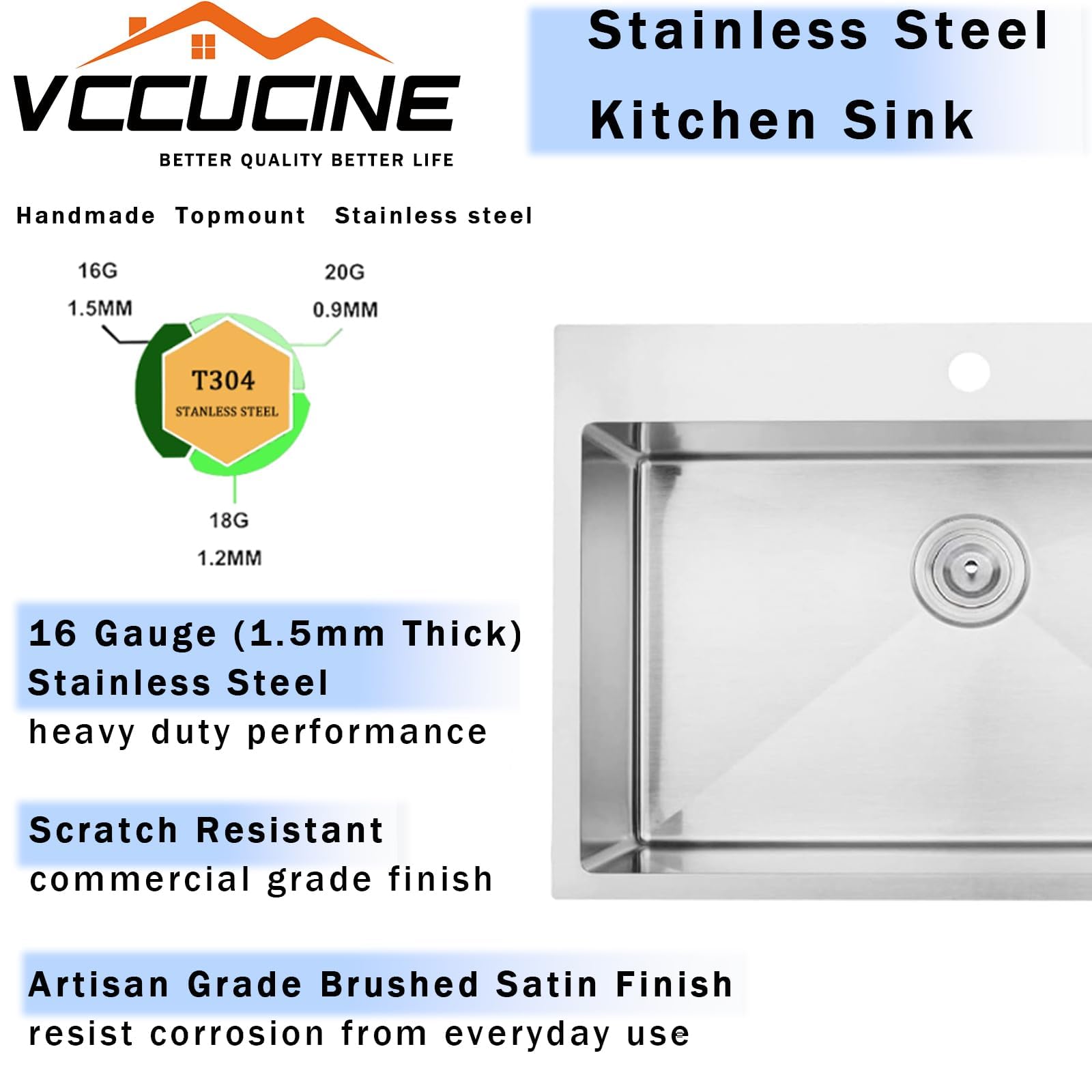 Vccucine 28X18 Inch Drop In Kitchen Sink 16 Gauge Top Mount Handmade T304 Brushed Nickel Kitchen Sink,Stainless Steel Single Bow