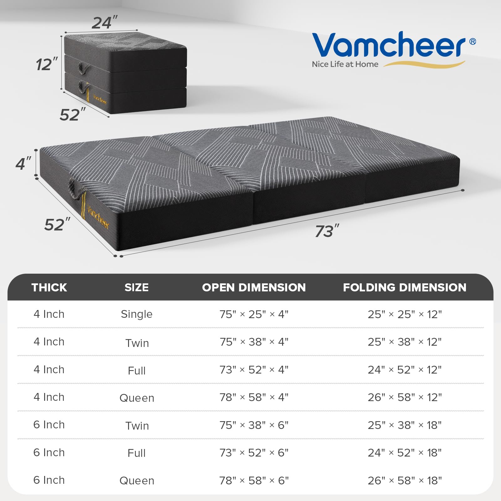 Vamcheer Tri Folding Mattress, 4 Inch Full Foldable Mattress, Tri-Fold Memory Foam Mattress With A Collapsible And Washable Cove