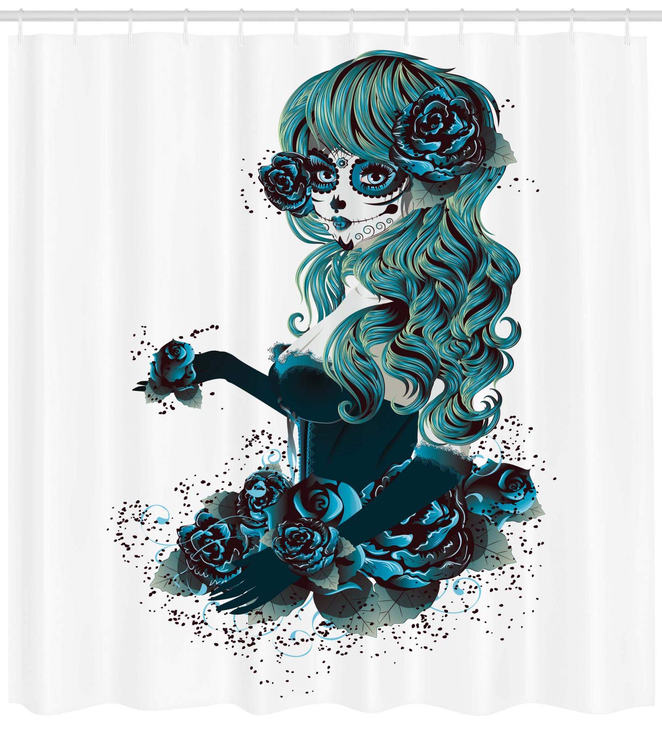 Ambesonne Skull Shower Curtain, Vintage Sugar Shape Girl Day Of The Dead Bride Dark Color Roses Graphic, Cloth Fabric Bathroom D