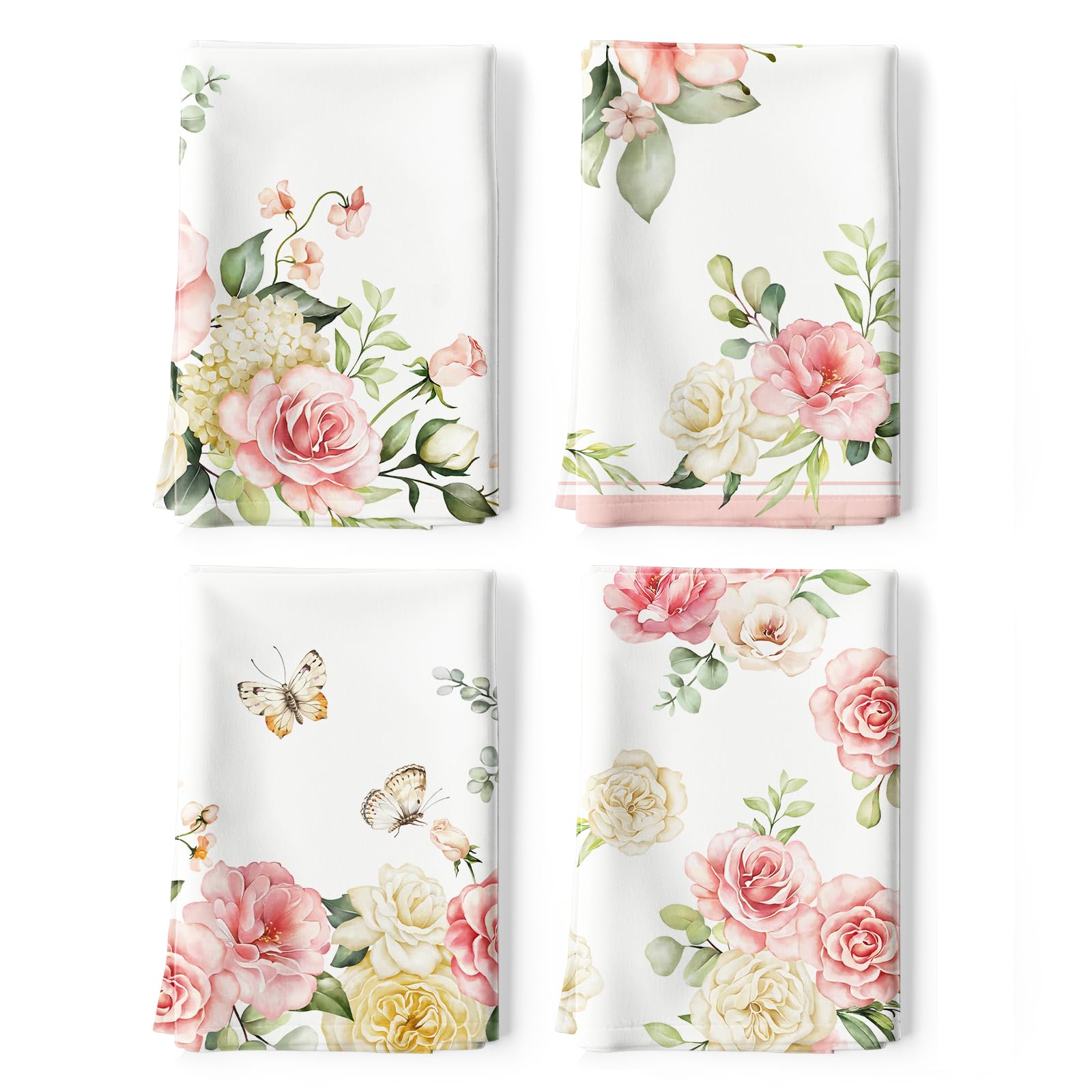 Arquiel 4Pcs Watercolor Flower Kitchen Tea Towels 100% Cotton Pink Floral Butterfly Hand Towels Multiple Uses Quick Dry Dish Clo