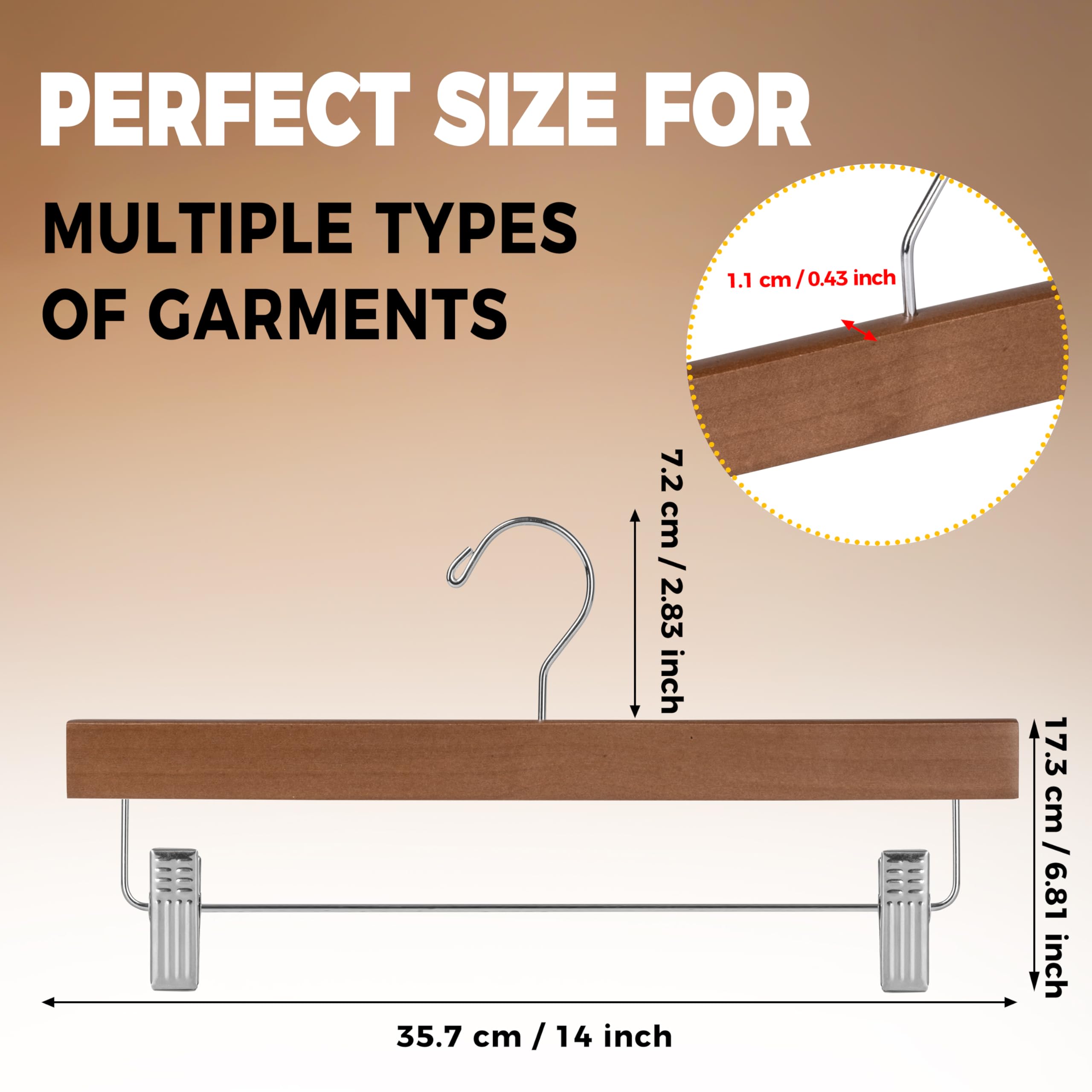 Quality Wooden Pants Hangers Skirt Hanger Jeans Hanger Bottom Hanger  Swivel Hook  Adjustable Clips (Walnut - Chrome Hook  10)