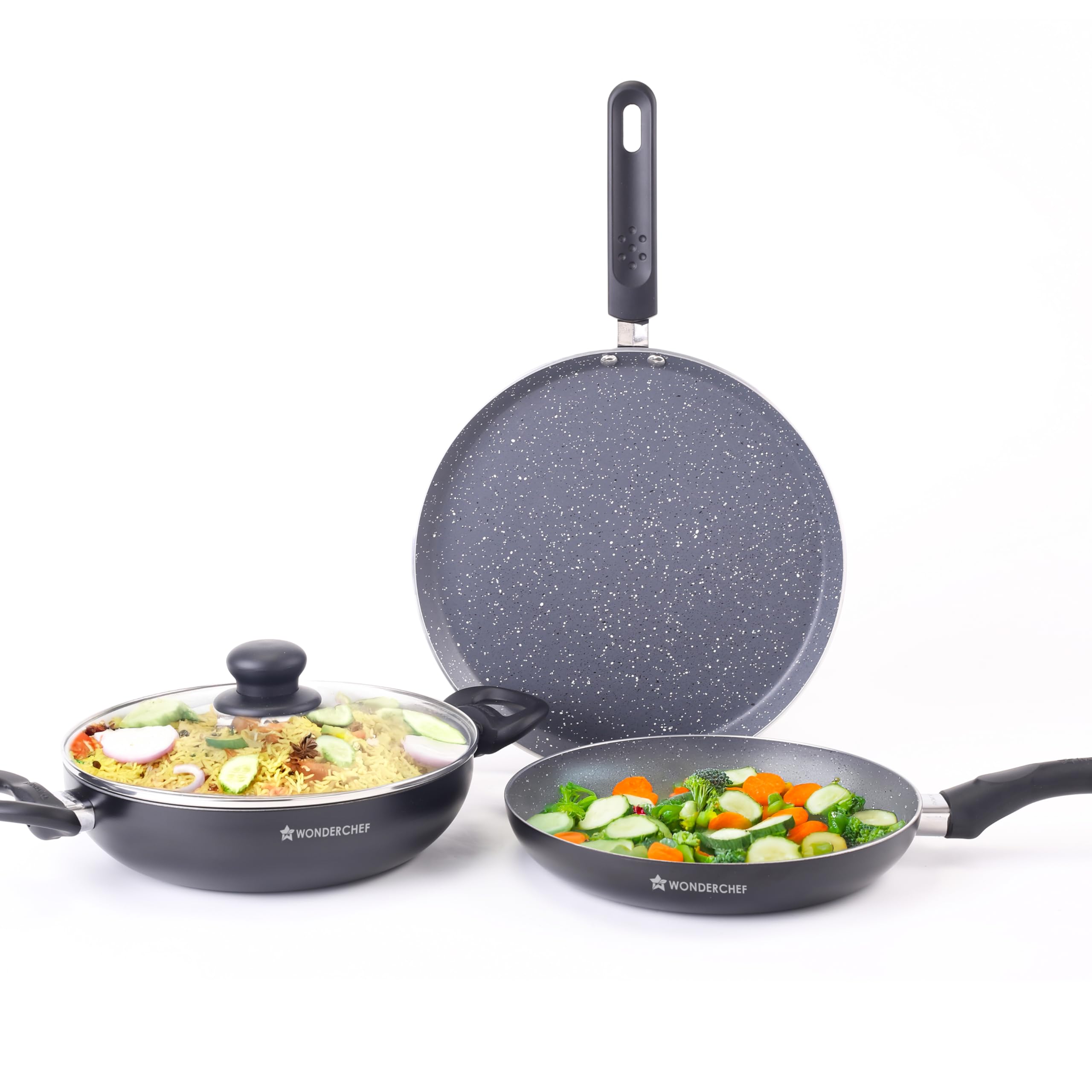 Wonderchef Sienna NonStick Cookware 4 Pc Set | Dosa Tawa, Fry Pan, Kadhai For Cutlets, Curries, Dosas | Pfoa Free | Virgin Alum