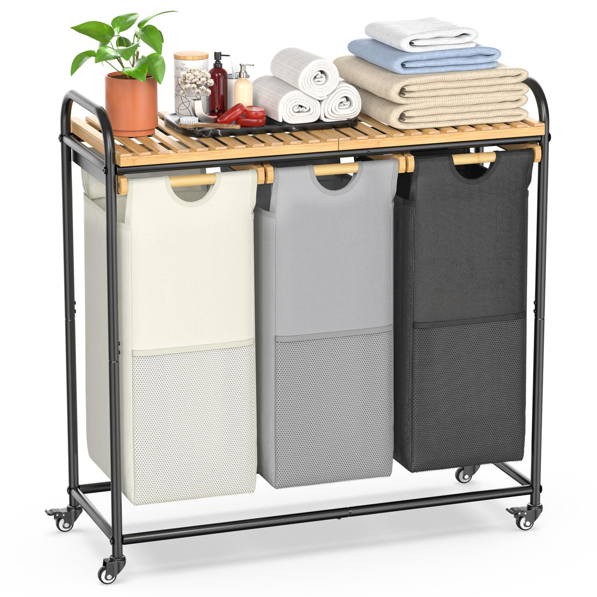 Laundry Hampers 3 Section, Laundry Sorter With Removable Shelf And Pull-Out Bags, Clothes Hampers With Wheels Rolling Cart Baske