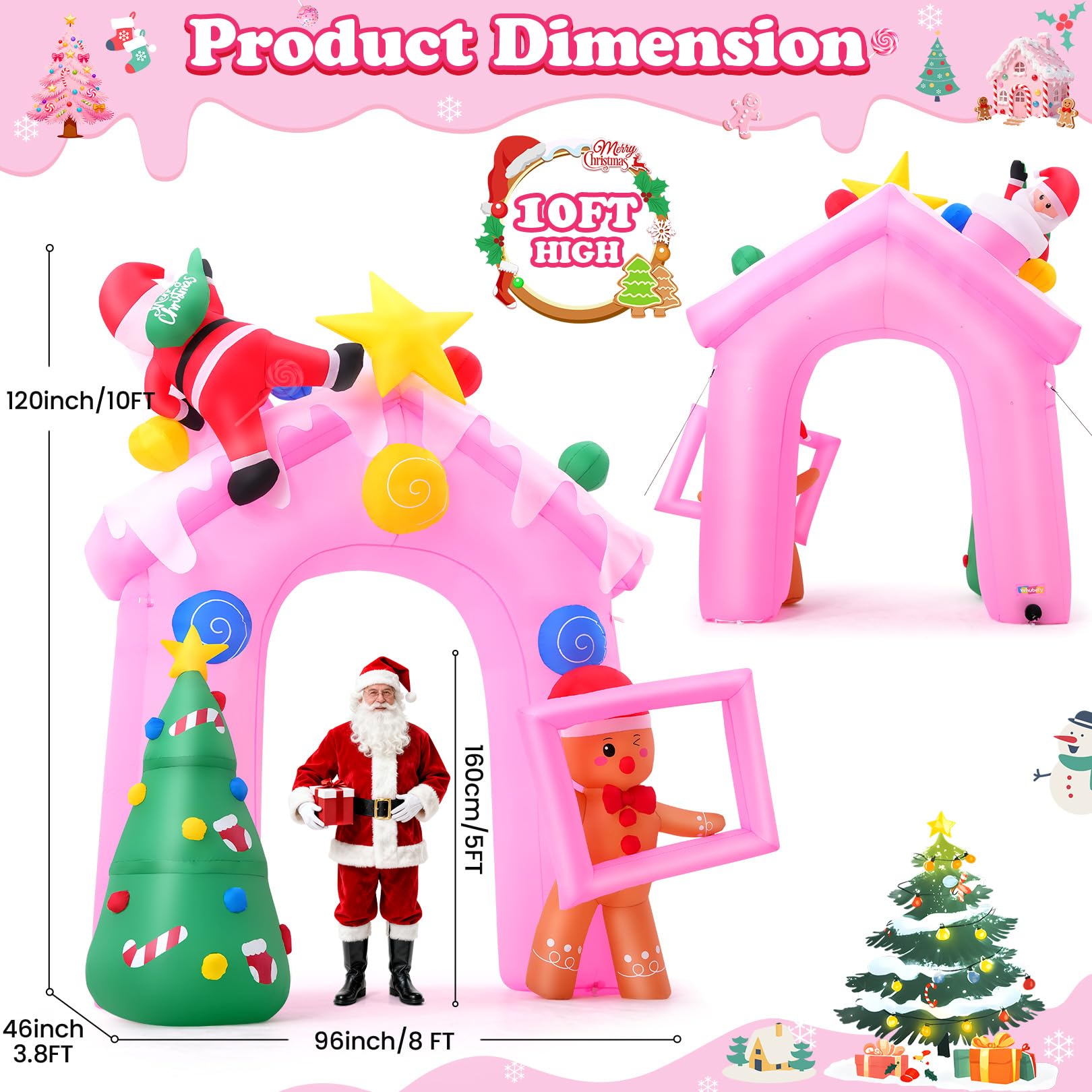10 FT Pink Christmas Inflatable Archway with Build-in LED Lights, Candy House/Gingerbread Man/Christmas Tree/Santa/Star, Blow Up