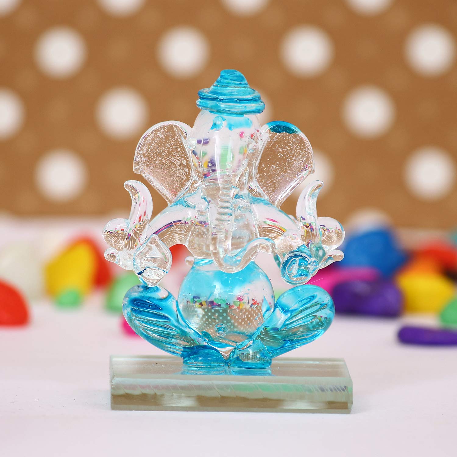 Ecraftindia Skyblue And Transparent Double Sided Crystal Car Ganesha Showpiece