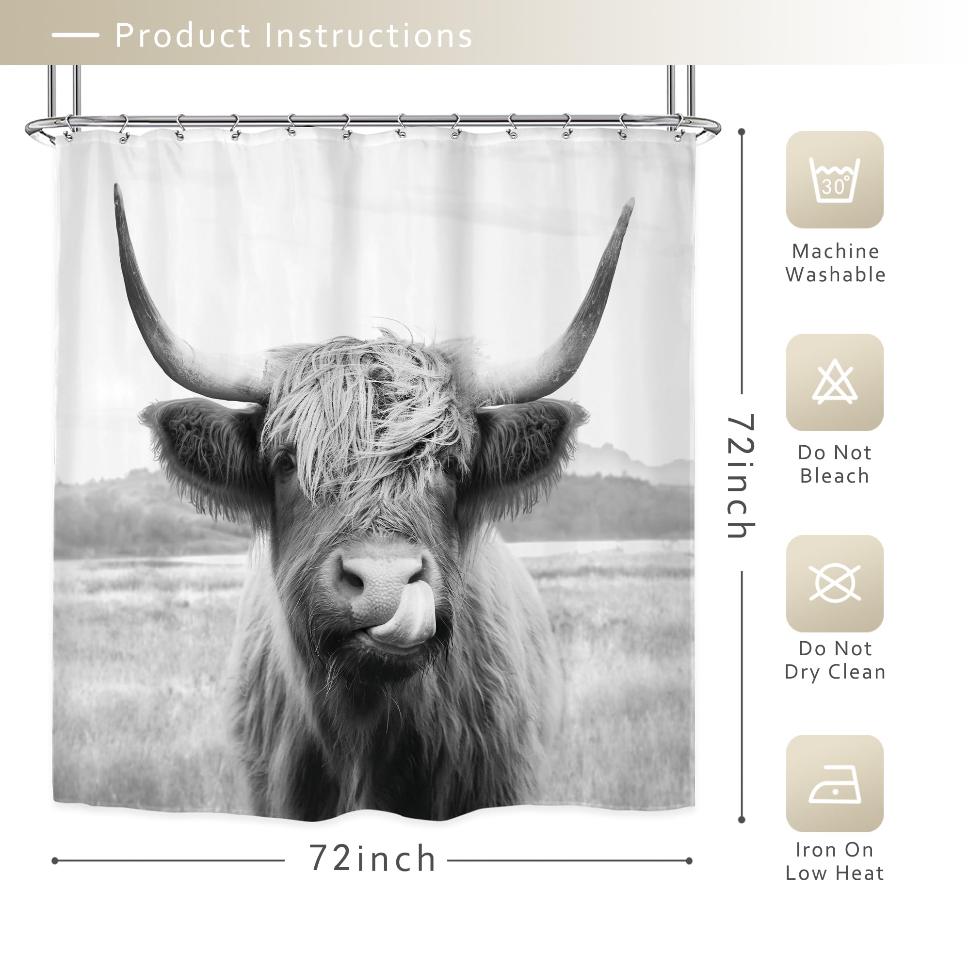 Riyidecor Farmhouse Highland Cow Shower Curtain Western Bull Wildlife Portrait Animal Funny Country 72Wx72H Inch 12 Pack Plastic