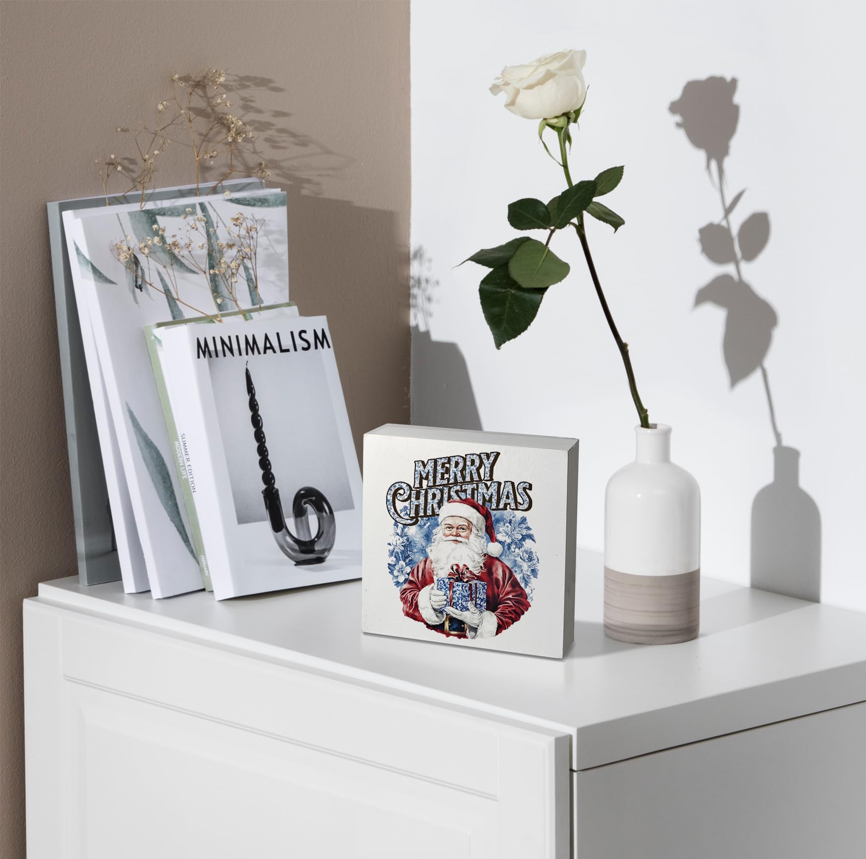 kunlisa Blue and White Chinoiserie Christmas Santa Wooden Sign, Grandmillennial Christmas Decor, Xmas Santa Holiday Wood Box Sig