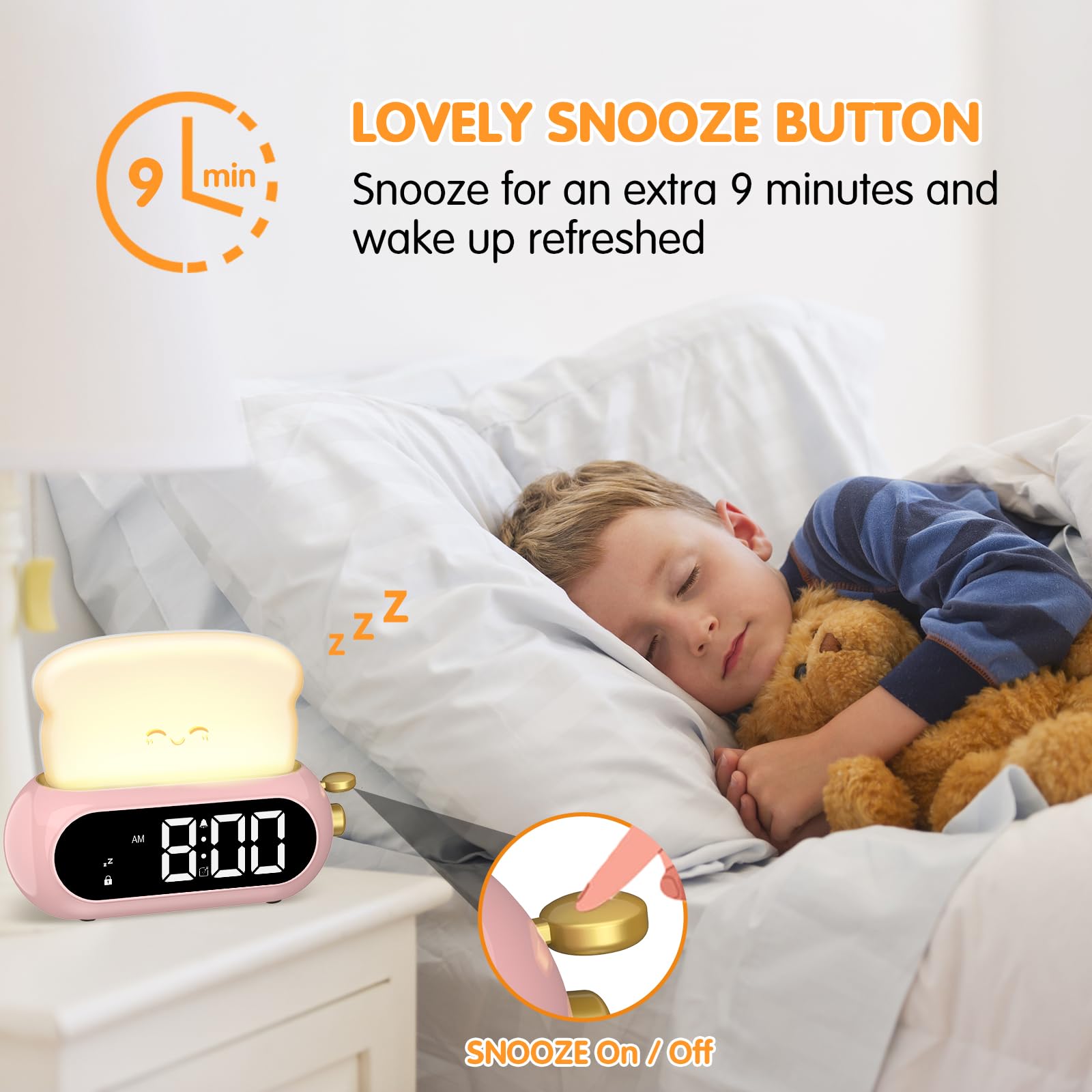 Cute Digital Clock for Bedrooms, Kids Alarm Clocks with Night Light Lamp, 10 Alarm Tones, Adjustable Brightness, Nap Timer, Snoo