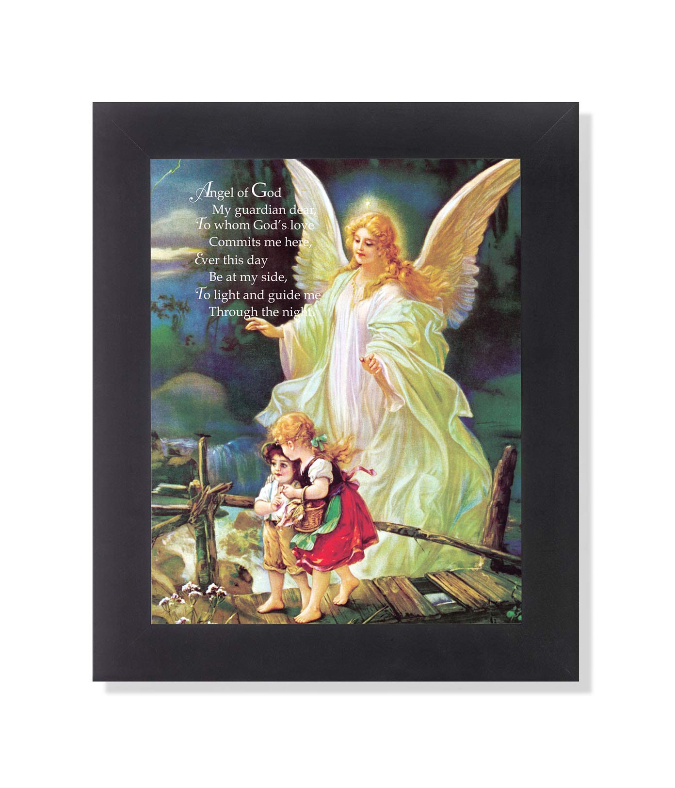 Guardian Angel Of God Poem Protecting Children Art Print 8X10'' Black Frame & Real Glass Great Gift Idea