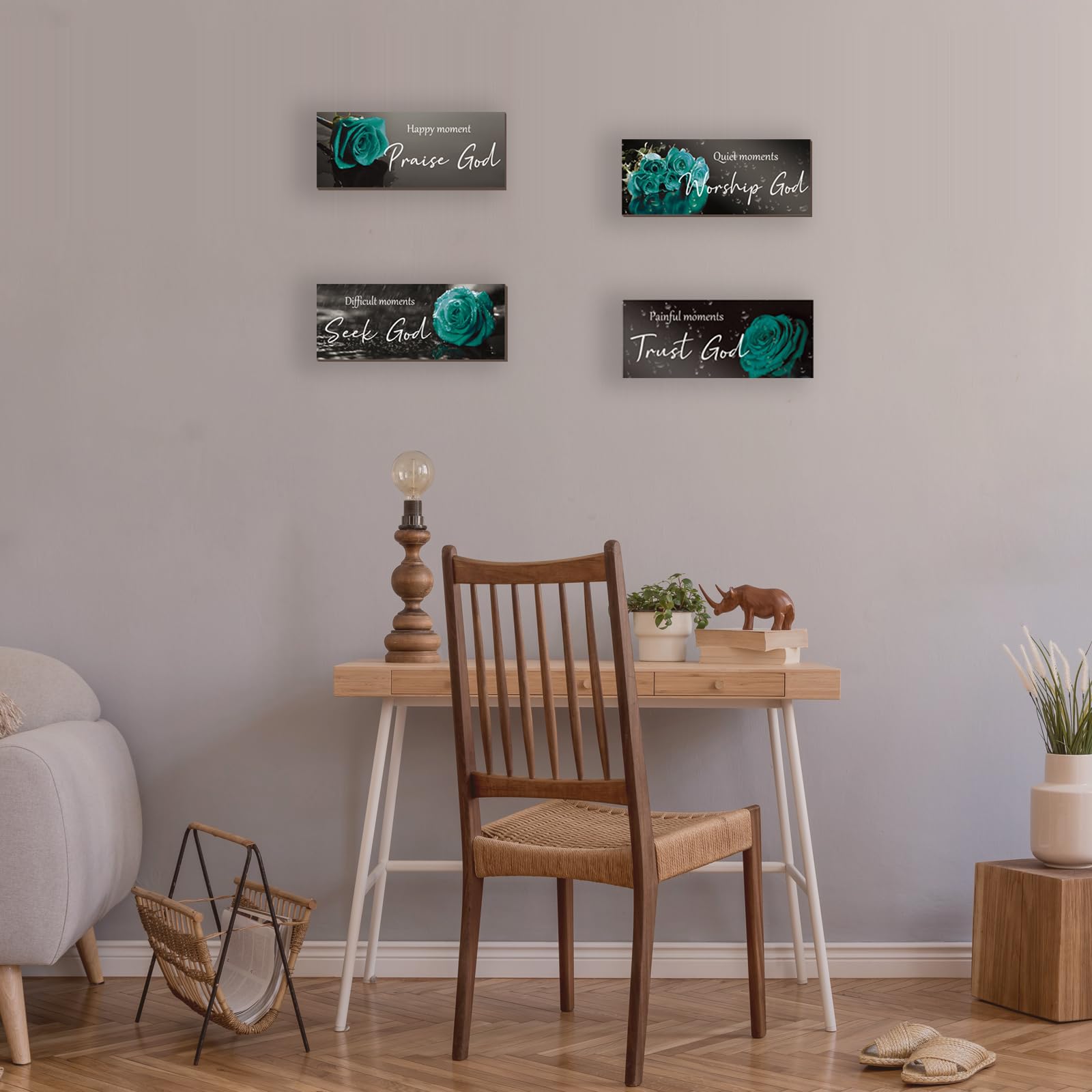 ONIZHITY 4 Pcs Teal Bathroom Decor Religious Wall Art Turquoise Bathroom Bible Verse Inspirational Teal Rose Wall Decor Wooden C