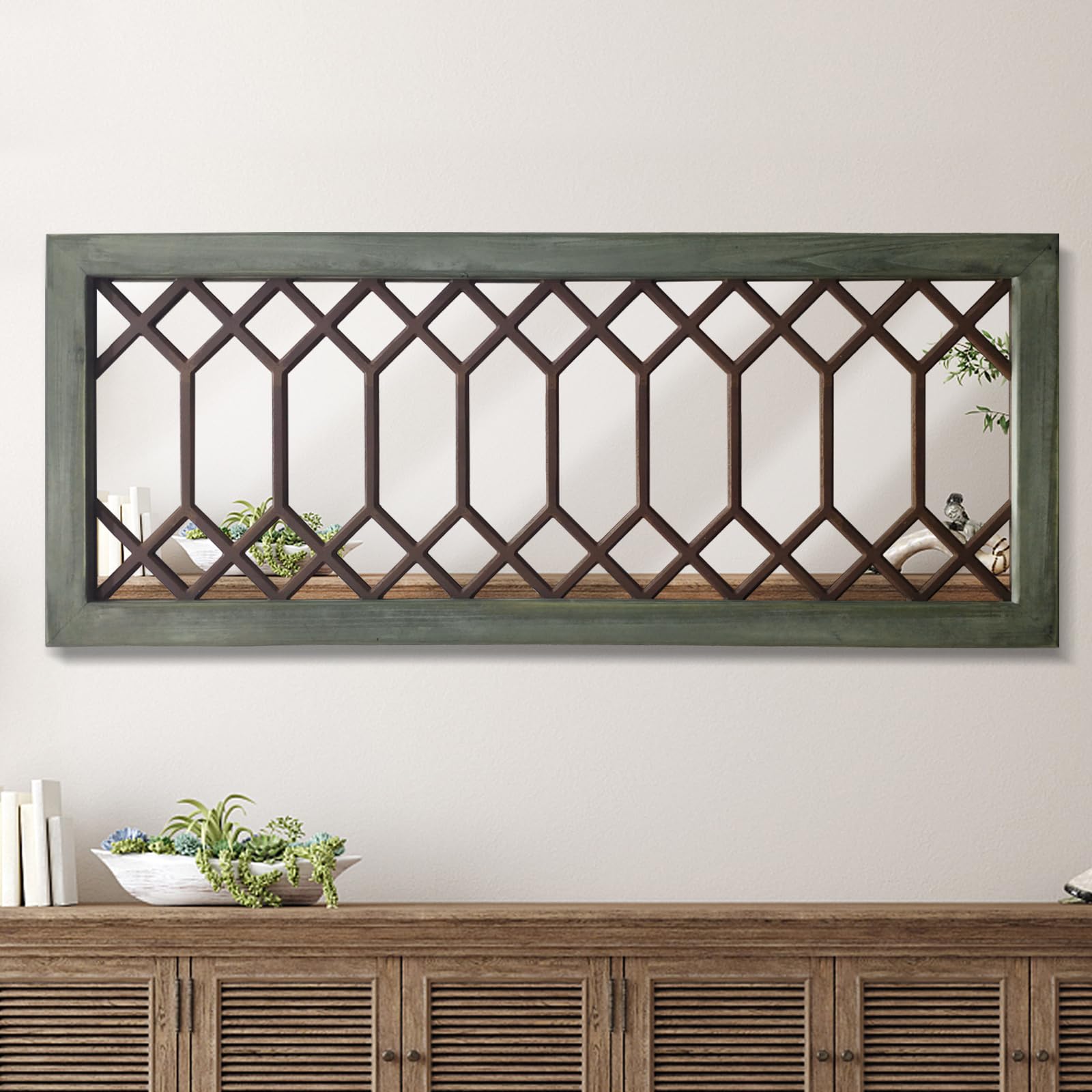 TopCity Farmhouse Mirror Decorative Rustic Wall Mirror Large Vintage Wooden Framed Wall Decor for Bedroom, Living Room,Entryway,