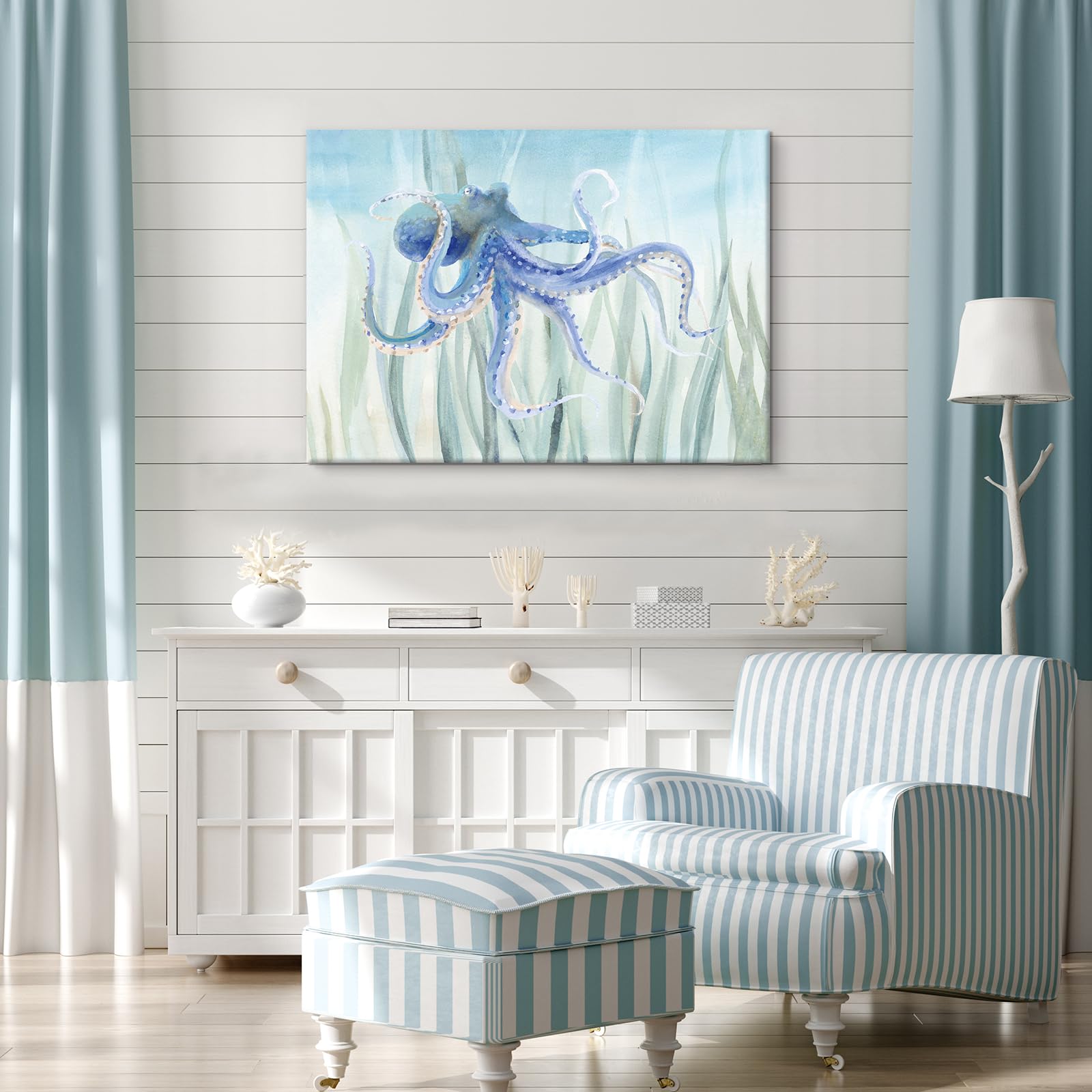 Ocean Wall Decor Under The Sea Blue Octopus Canvas Wall Art for Bathroom Coastal Decor for Home Nautical Prints for Bedroom Kitchen Restroom 36x24Inch