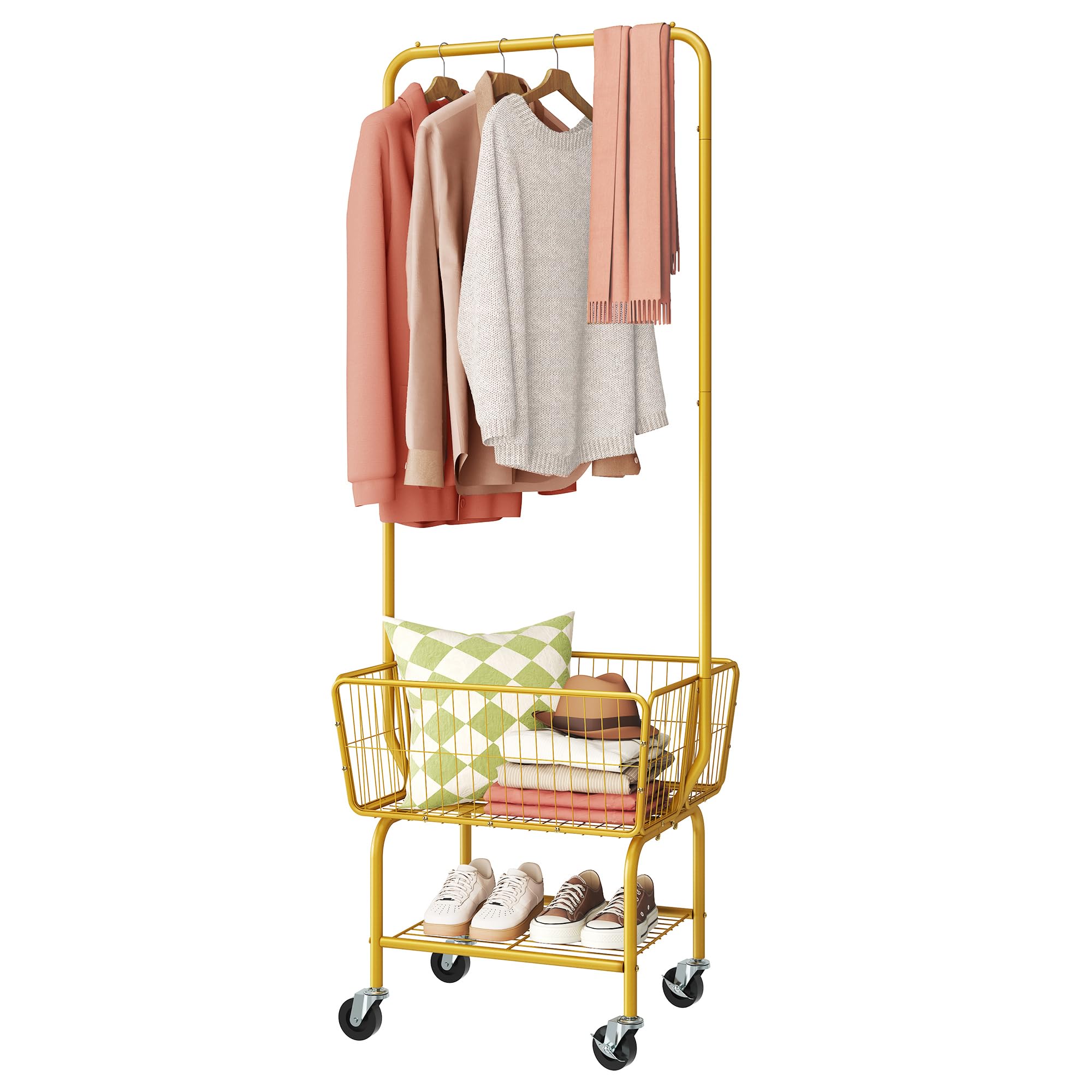 Tajsoon Laundry Cart with Wheels, Metal Rolling Laundry Hamper with Hanging Rack, Storage Basket and Shelf, Gold