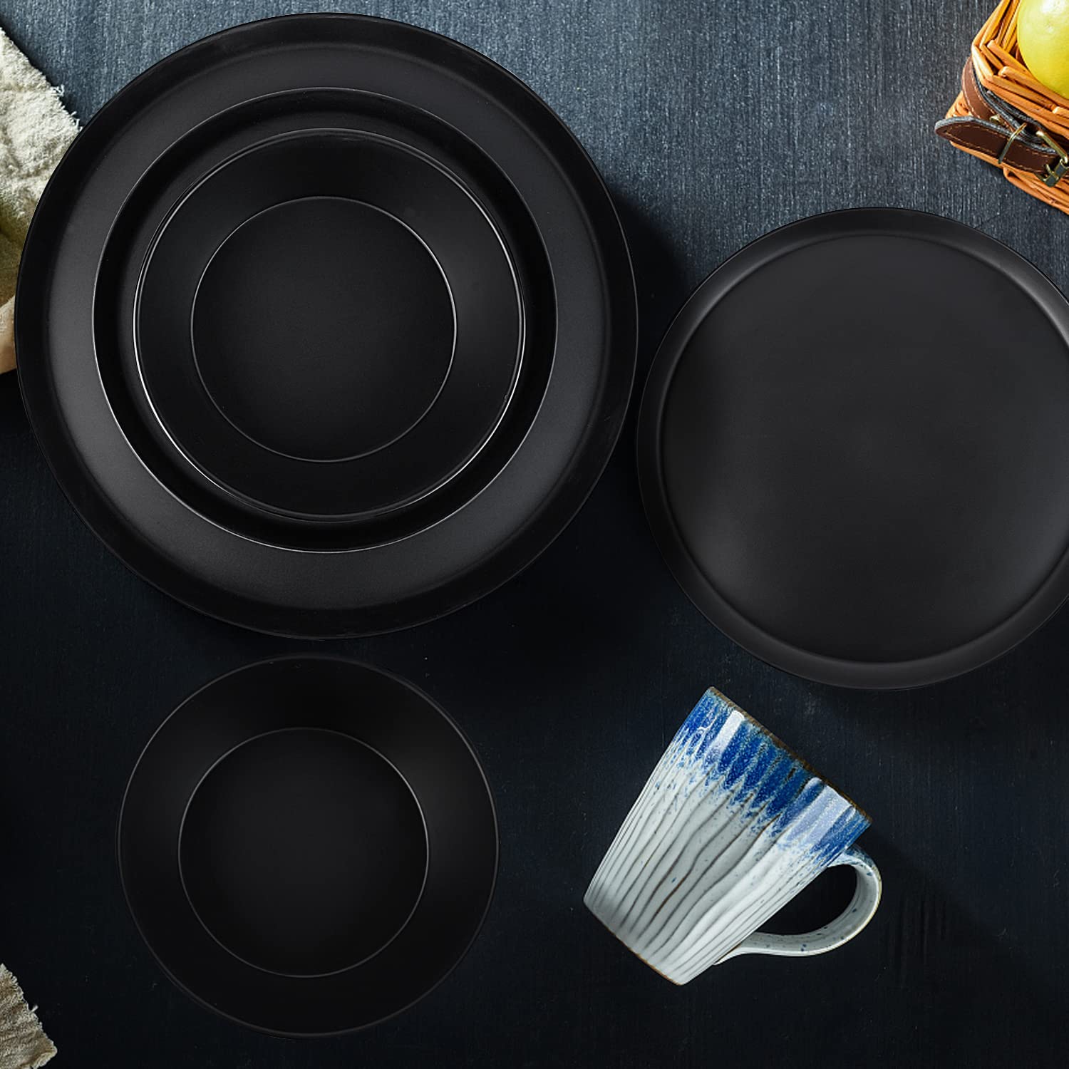 Afcevnlb 12-Piece Plastic Dinnerware Set Plates And Bowls Sets Service For 4 Matte Black Melamine Plates Unbreakable Plastic Out