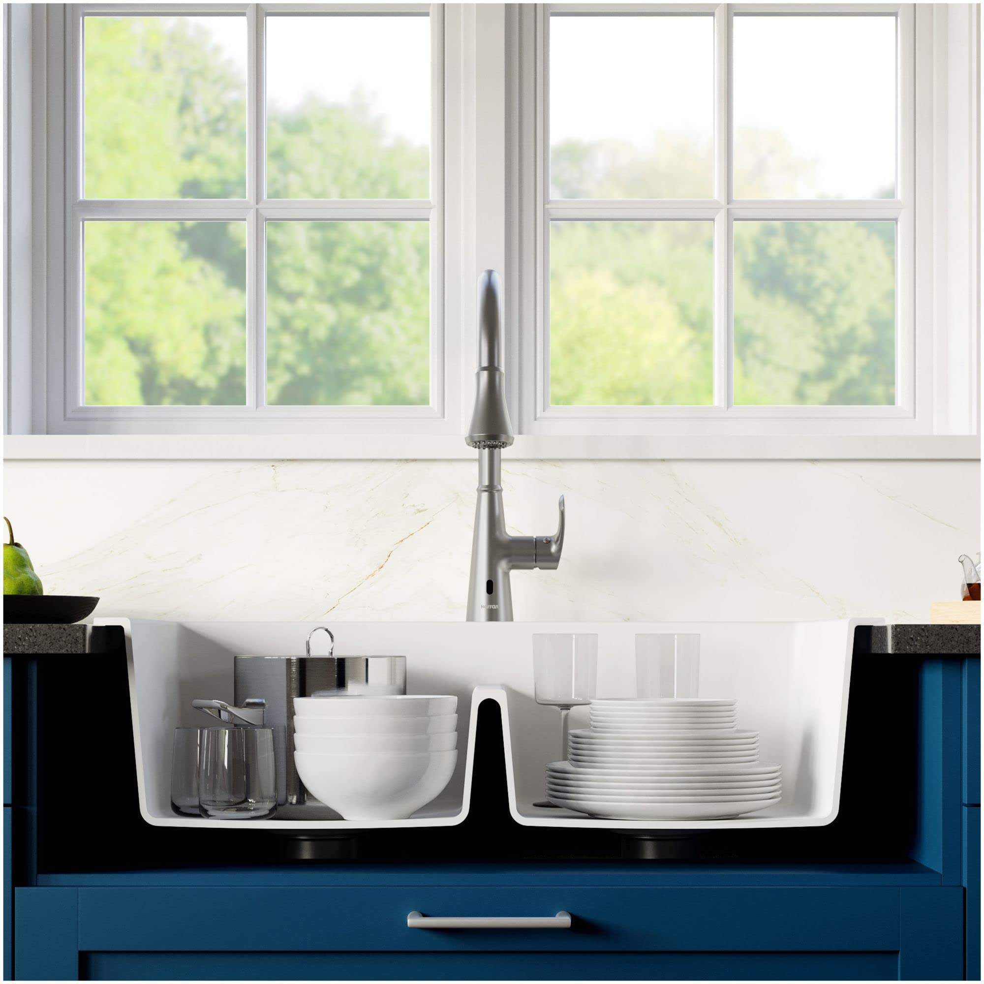 Karran Qt-810 33'' Top Mount Double Equal Bowl Quartz Kitchen Sink In White