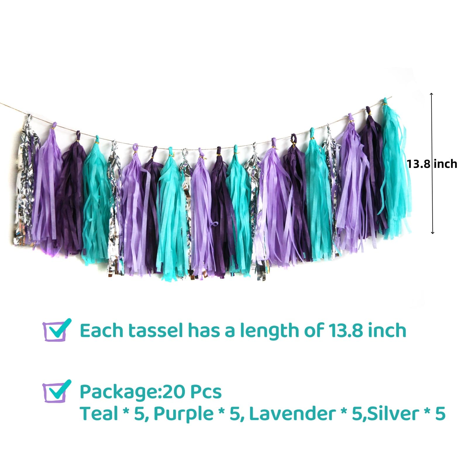 Teal Purple Lavender Silver Tissue Tassel Garland for Girl, Banner for Summer Theme Party Decorations,Pack of 20