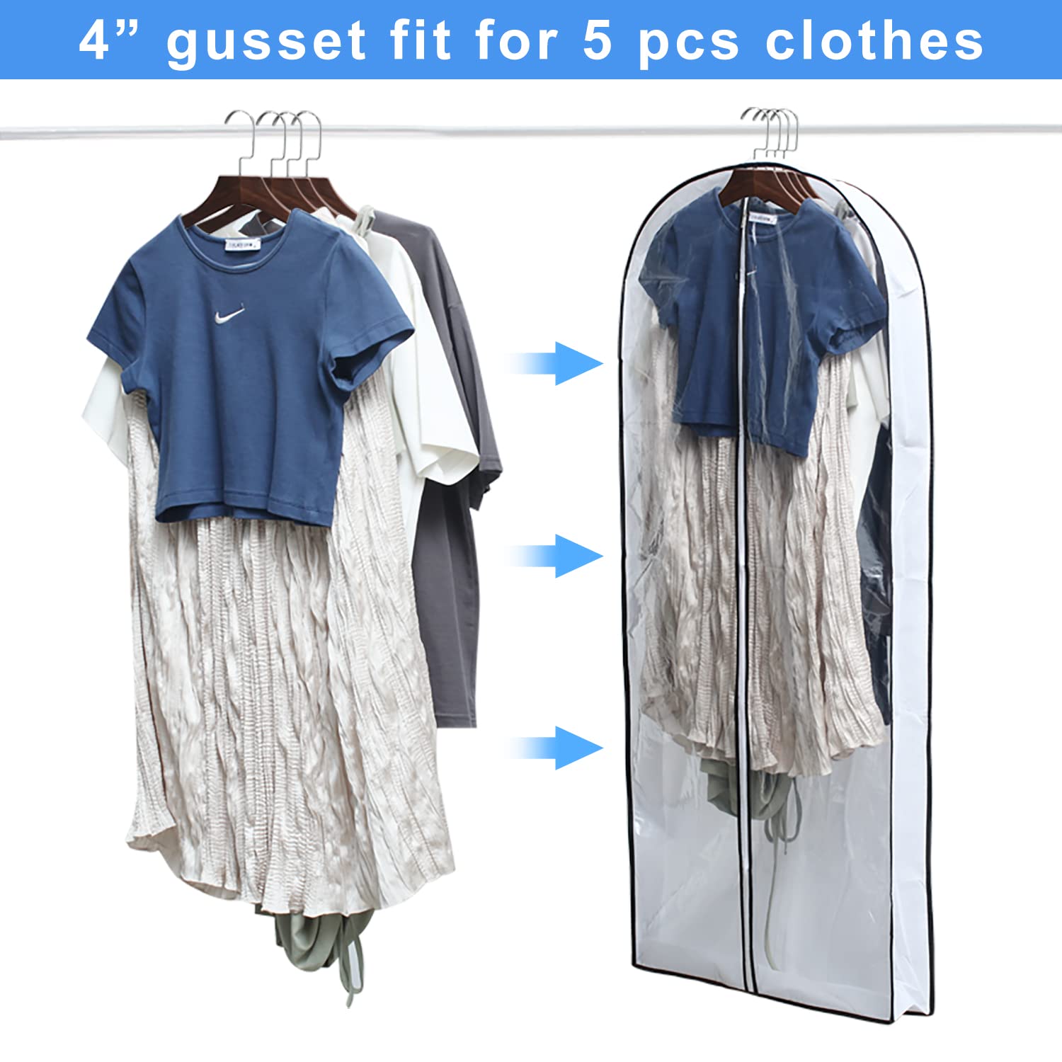 MsKitchen Hanging Clothes Bag with 4'' Gusseted Garment Bag (Set of 6) for Storage Suit Bag for Closet Clear Garment Bags Dress Covers for Gown  Long Coats  Long Dresses - 24''x 50''x 4''/ 6 Pack