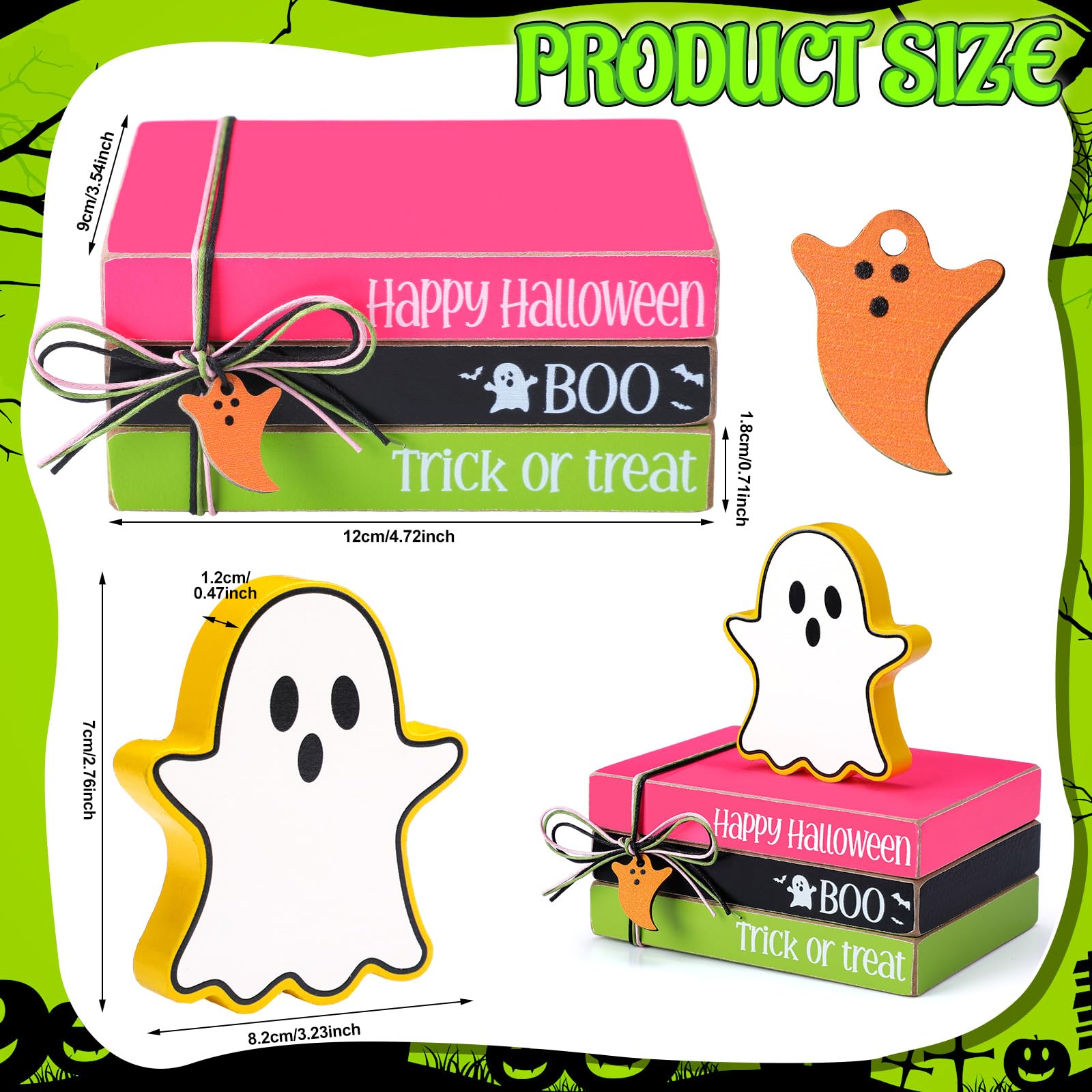 Yookeer 4 Pieces Halloween Ghost Decor Wooden Ghost Tiered Tray Decor Wood Book Stack Halloween Neon Sign Table Sign for Home Ro