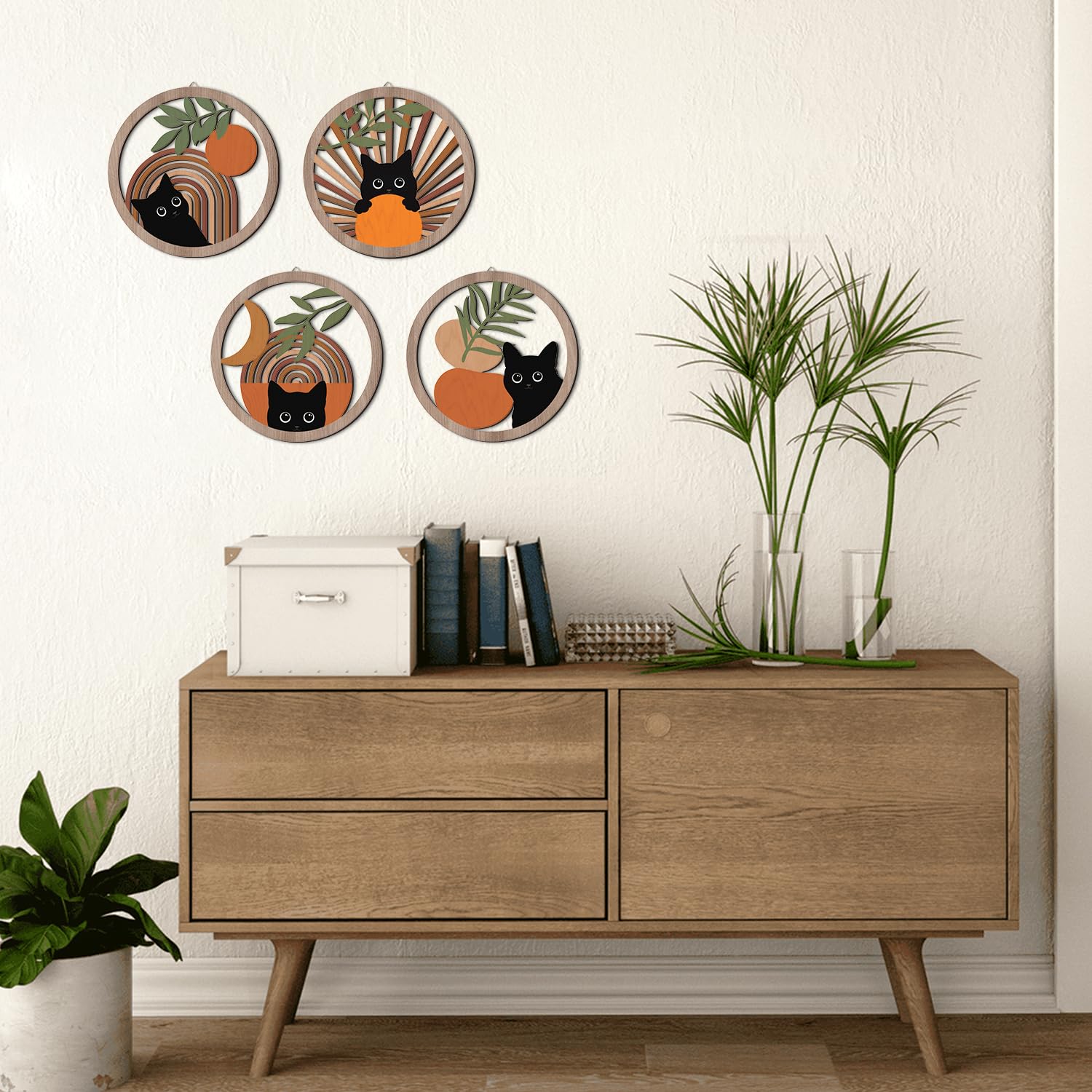 HPNIUB Boho Black Cat Wall Decor, Farmhouse Geometric Hanging Wooden Wall Art, 4 Pieces 10    x10     Mid Century Bohemian Abstr