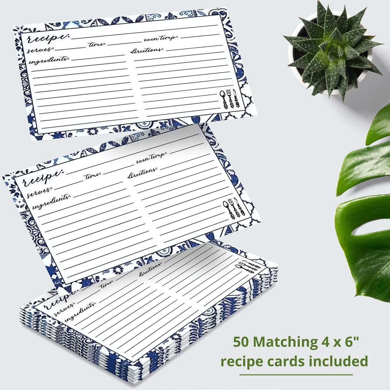 Cookbook Recipe Binder/Organizer  Blue Pattern 3-Ring Binder to Hold All Your Recipes and Recipe Cards  6 Tabbed Divider Sections  50 Matching Recipe Cards Included