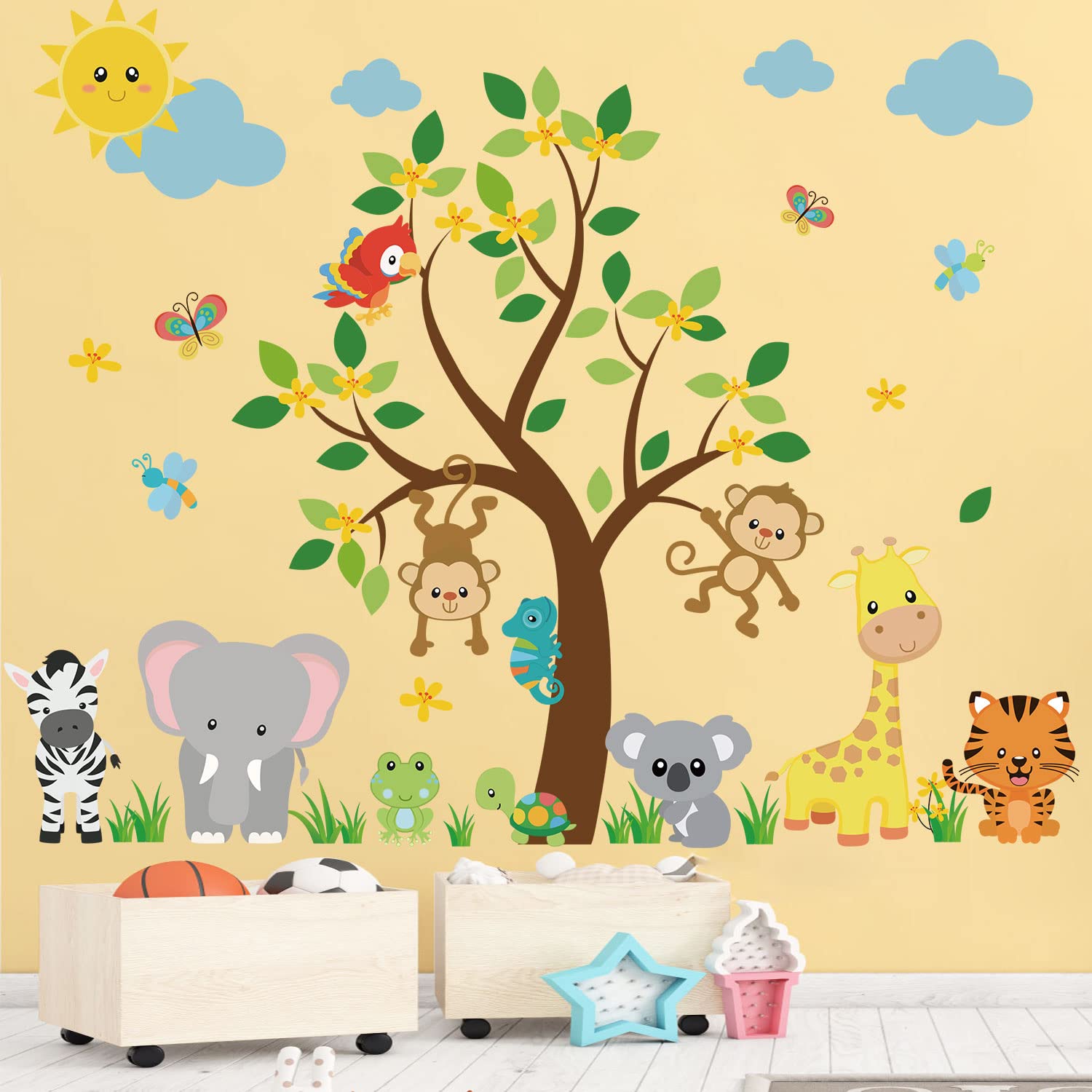 Supzone Jungle Animal Wall Stickers Monkey Tree Wall Decals Elephant Giraffe Tiger Wall Sticker For Kids Girls Boy Baby Nursery