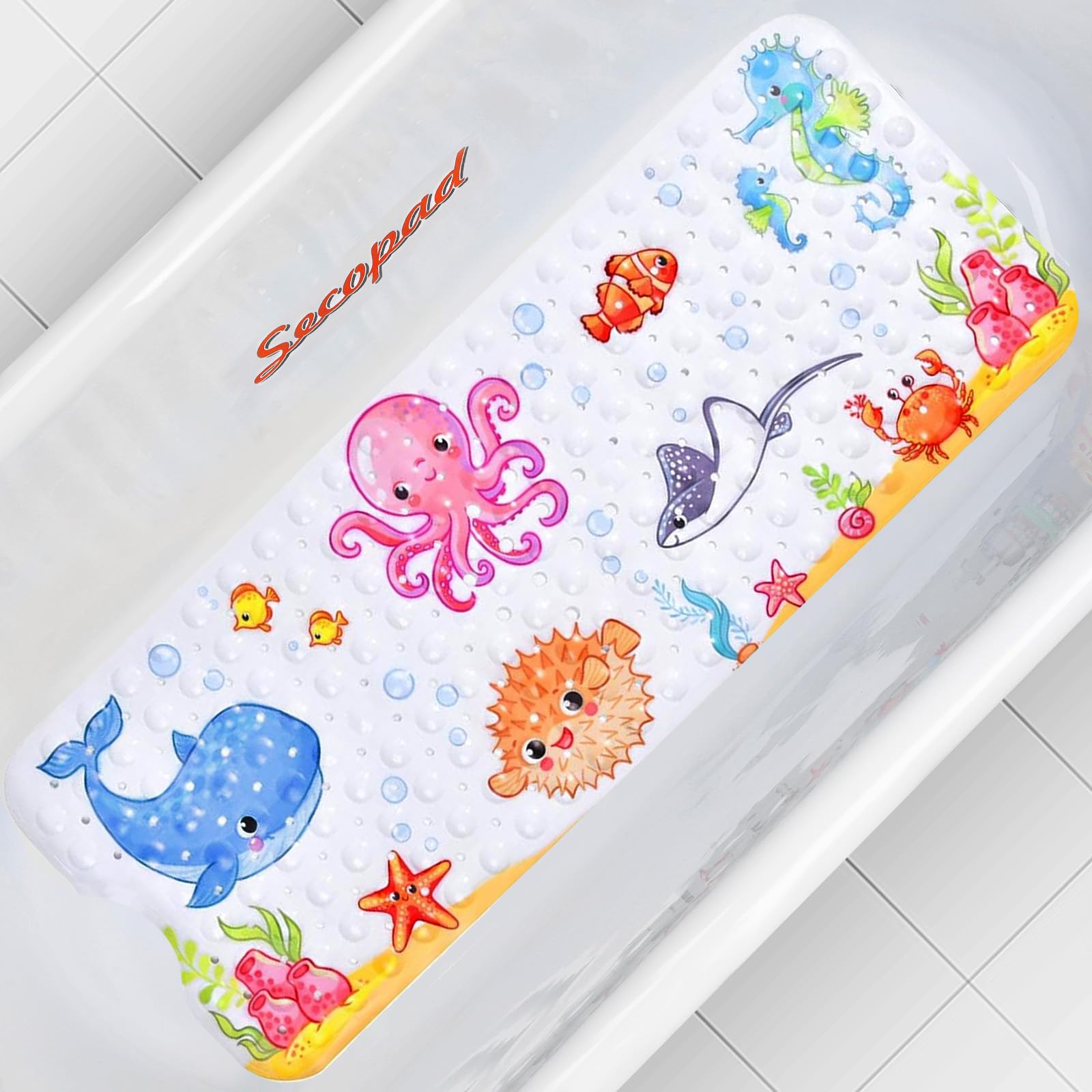 Secopad Kids Bath Mat for Tub Non Slip, 40 X 16 Inch Large Cartoon Anti Slip Toddler Baby Bathtub Mat, Pink Octopus