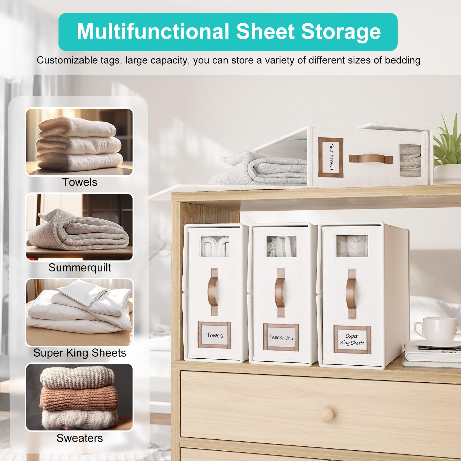 BigPonPon 4 Pack Bed Sheet Organizers and Storage,Foldable Sheet Organizer for Linen Closet(Super King Size),Linen Bedding Stora