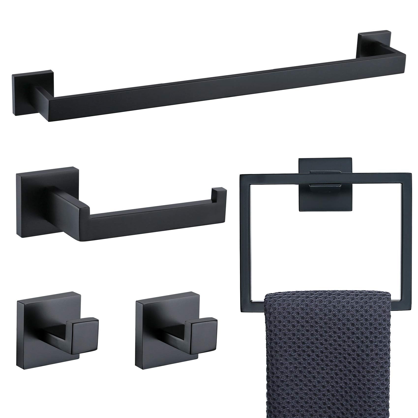 Tnoms 5 Pieces Bathroom Hardware Accessories Set Black Towel Bar Set Wall Mounted,Stainless Steel,23.6-Inch.