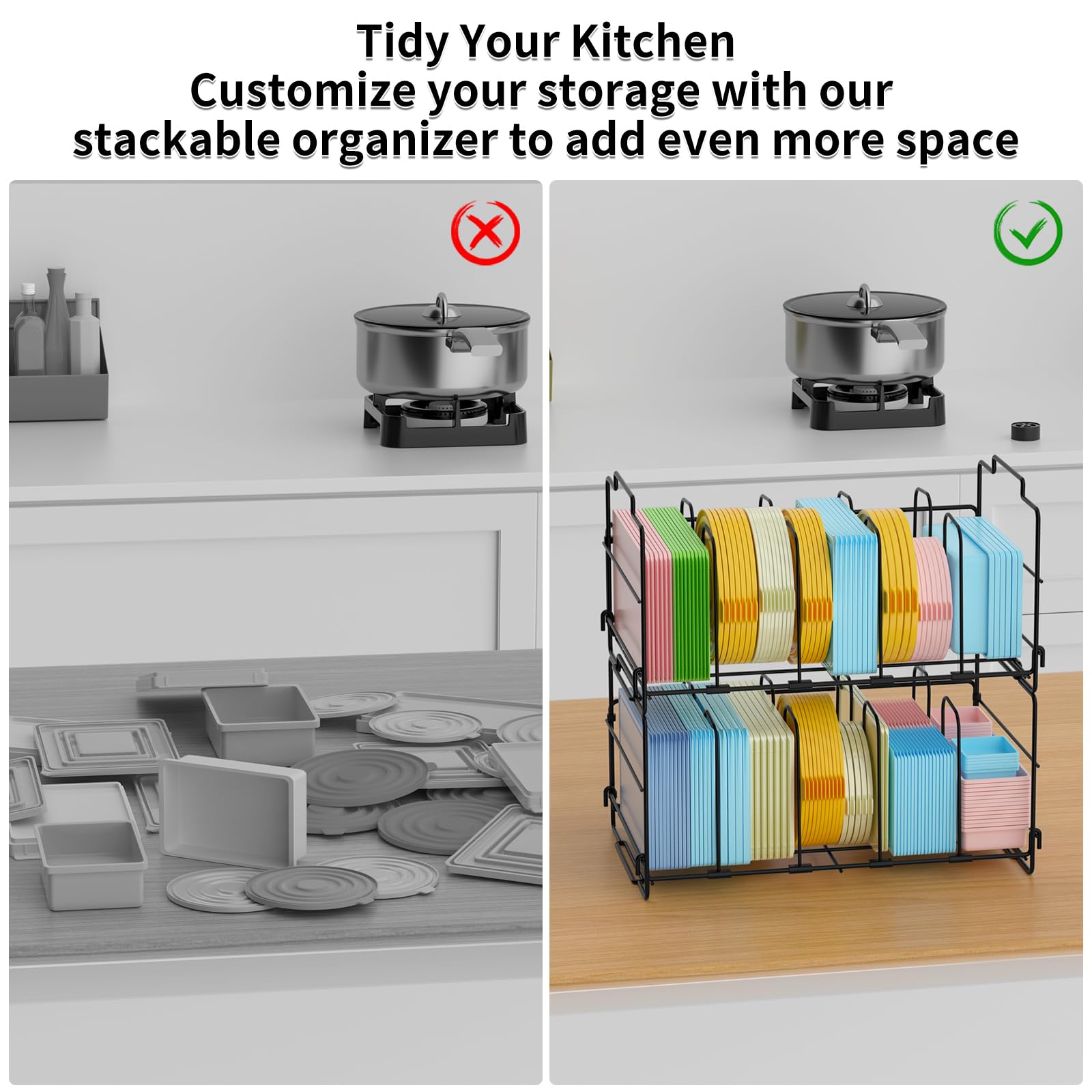 Set Of 2 Stackable Food Container Lid Organizer, Adjustable Metal Lid Storage Shelf For Kitchen, 4 Dividers Detachable Lid Organ