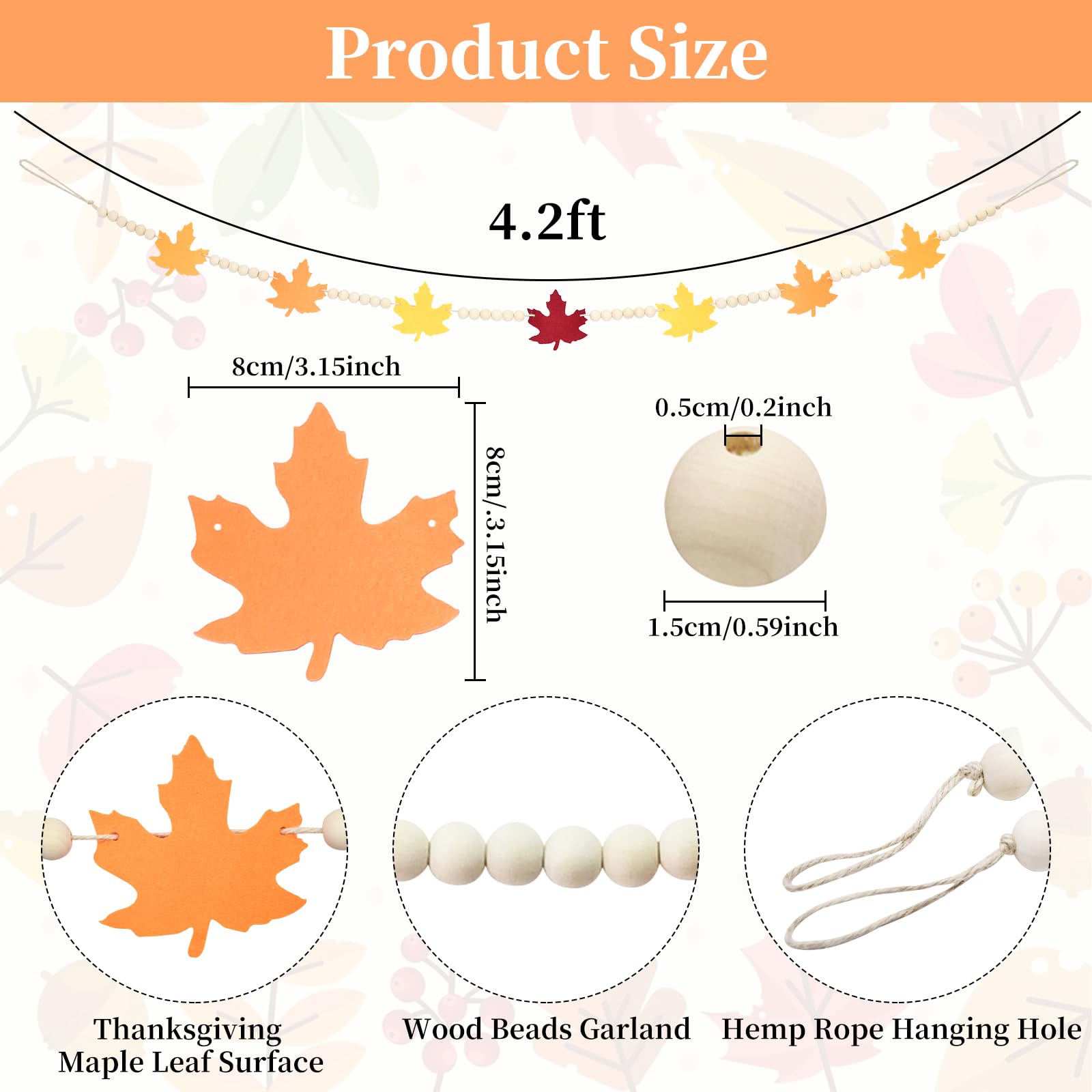 4.2 Ft Autumn Wooden Beads Garland With Maple Leaf Charms, Fall Harvest Colors Beaded Decor With Felt Maple, Rustic Farmhouse Ba