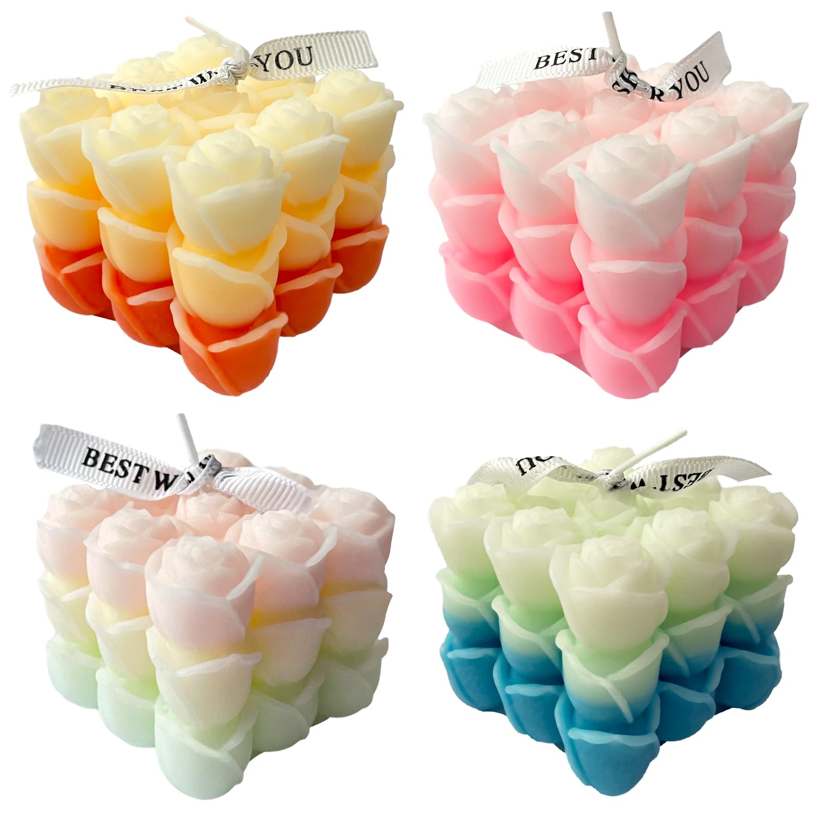 4 Pack Rose Bubble Candles - Multi-Color Gradient Cube Soy Wax Pillar Candles for Home Decor, Romantic Scented Candles for Valen