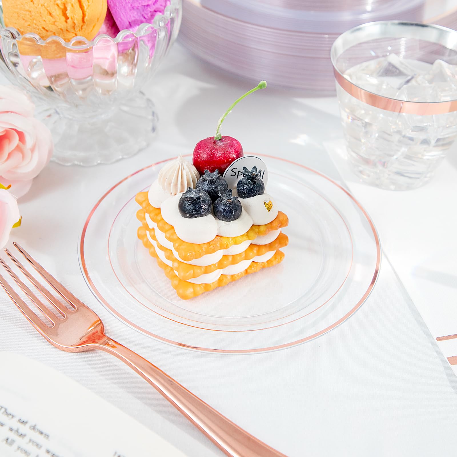 Gather 350Pcs Rose Gold Plastic Plates - Disposable Rose Gold Dinnerware Includes 100 Clear Rose Gold Rimmed Plastic Plates, 150
