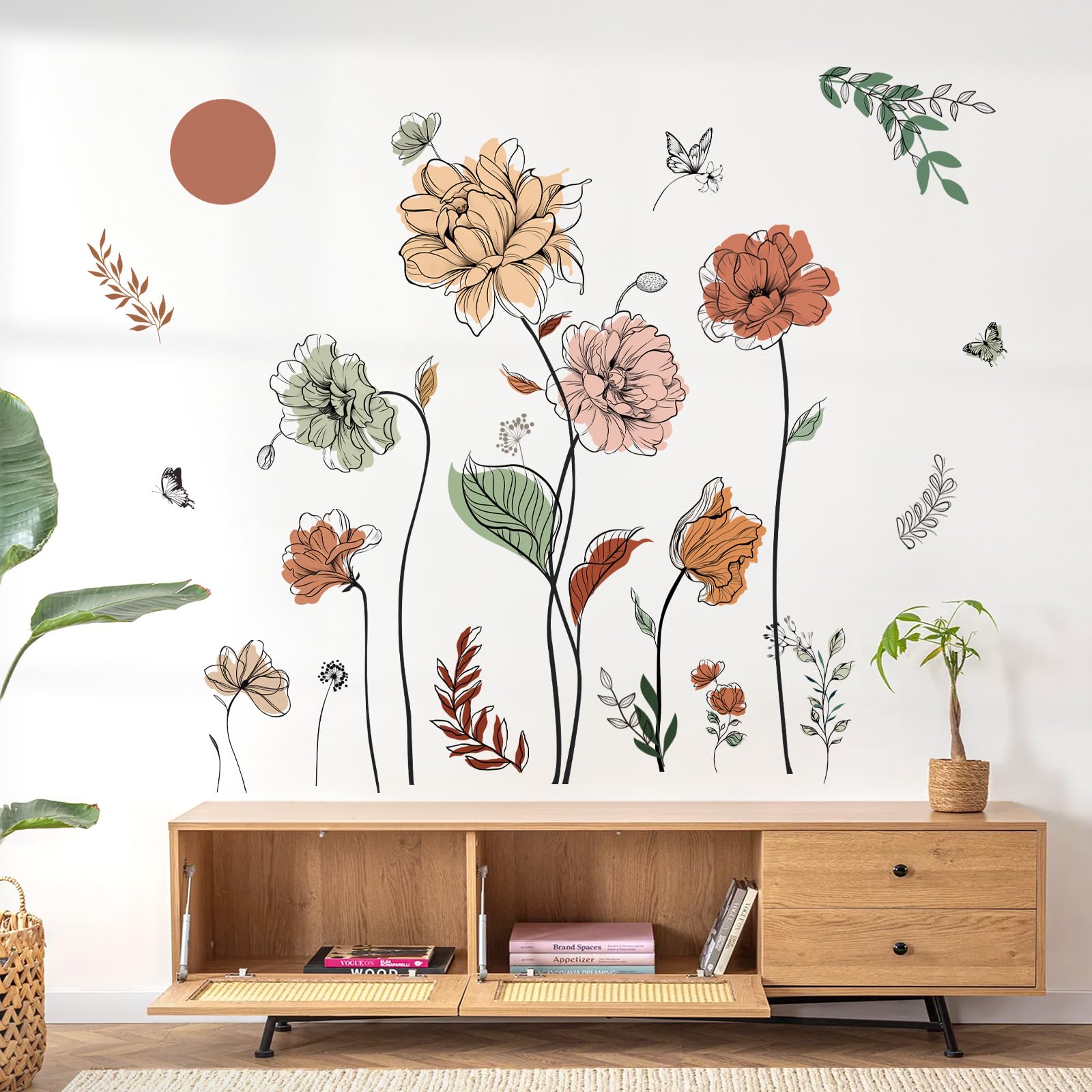 Decalmile Boho Flower Wall Decals Floral Plants Grass Wall Stickers Living Room Bedroom Nursery Wall Decor Gifts For Mom