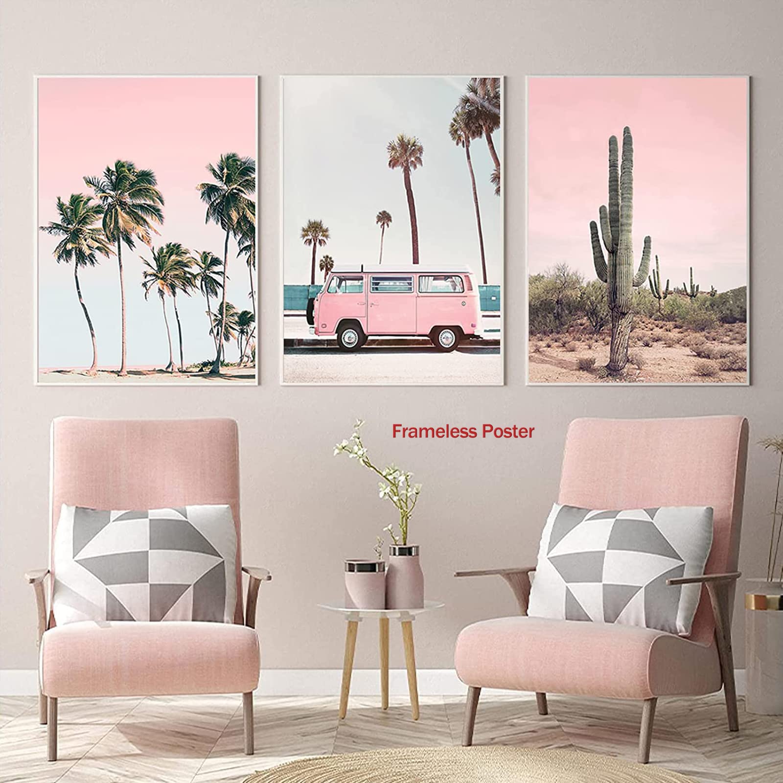 Backymrart Pink Landscape Art Car Wall Decor Beach Palm Tree Canvas Retro Poster And Sunset Scenery Bus Home 16X24Inx3 Frameless