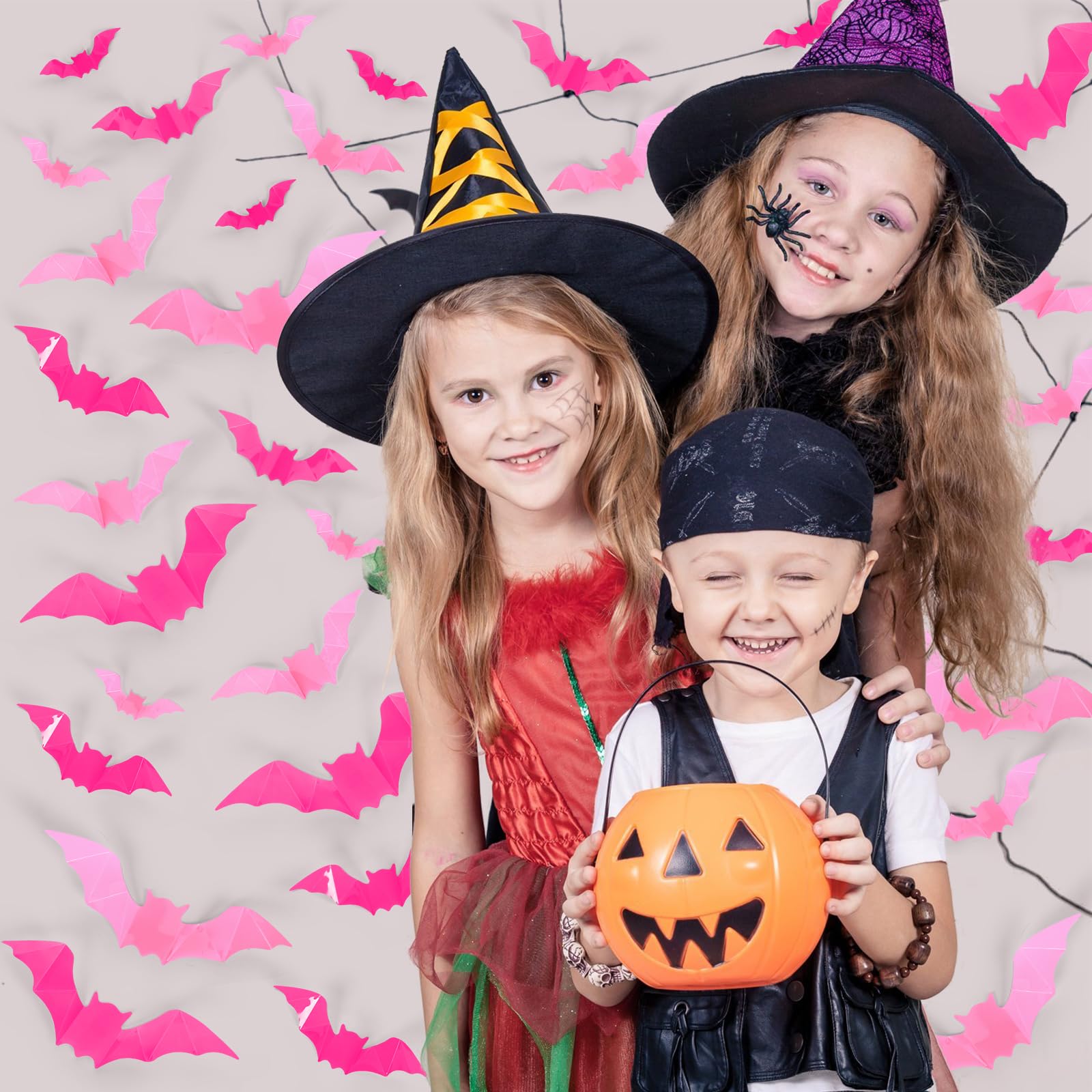 Whaline 112Pcs Halloween Wall Decoration 3D Bats With Foam Adhesive Pink And Rose Red Waterproof Spooky Bats Stickers Hocus Pocu
