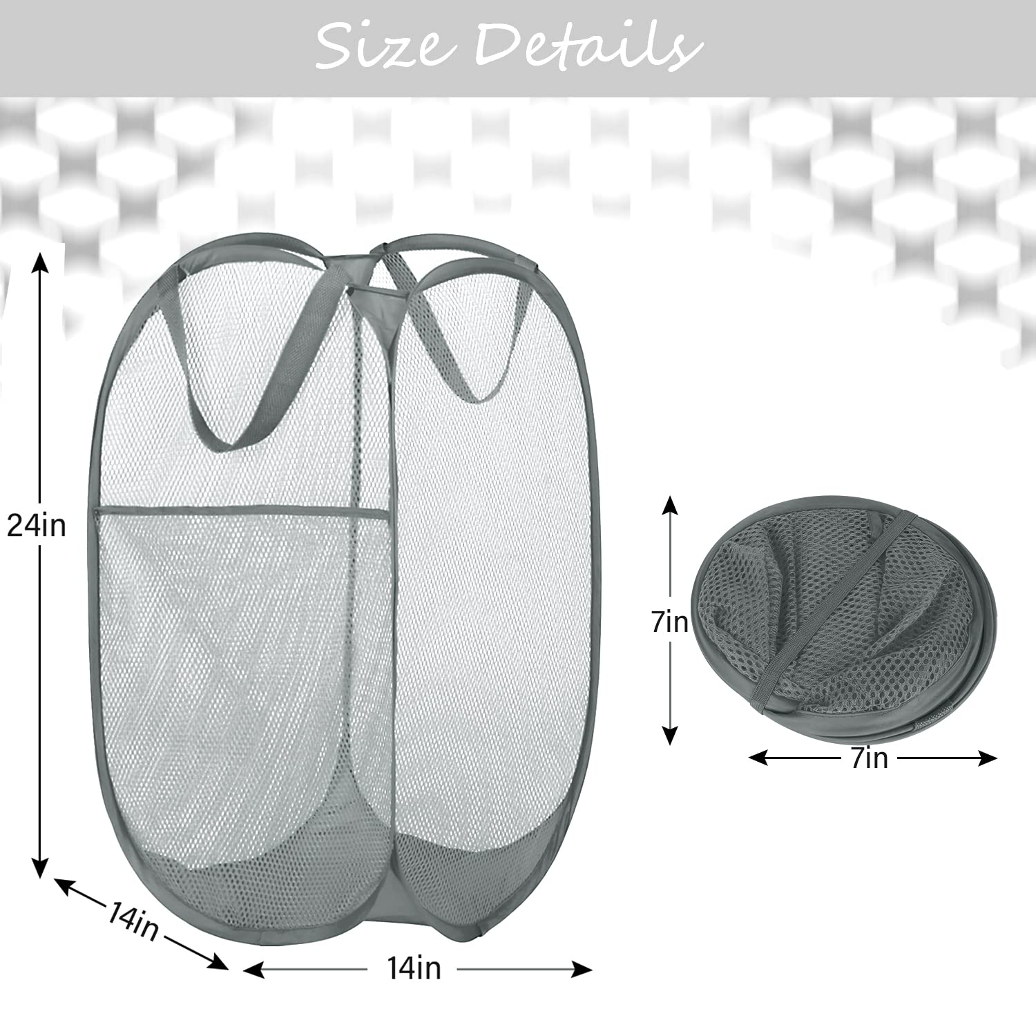 Deluxe Strong Mesh Pop up Laundry Hamper Basket with Side Pocket for Laundry Room  Bathroom  Kids Room  College Dorm or Travel Grey