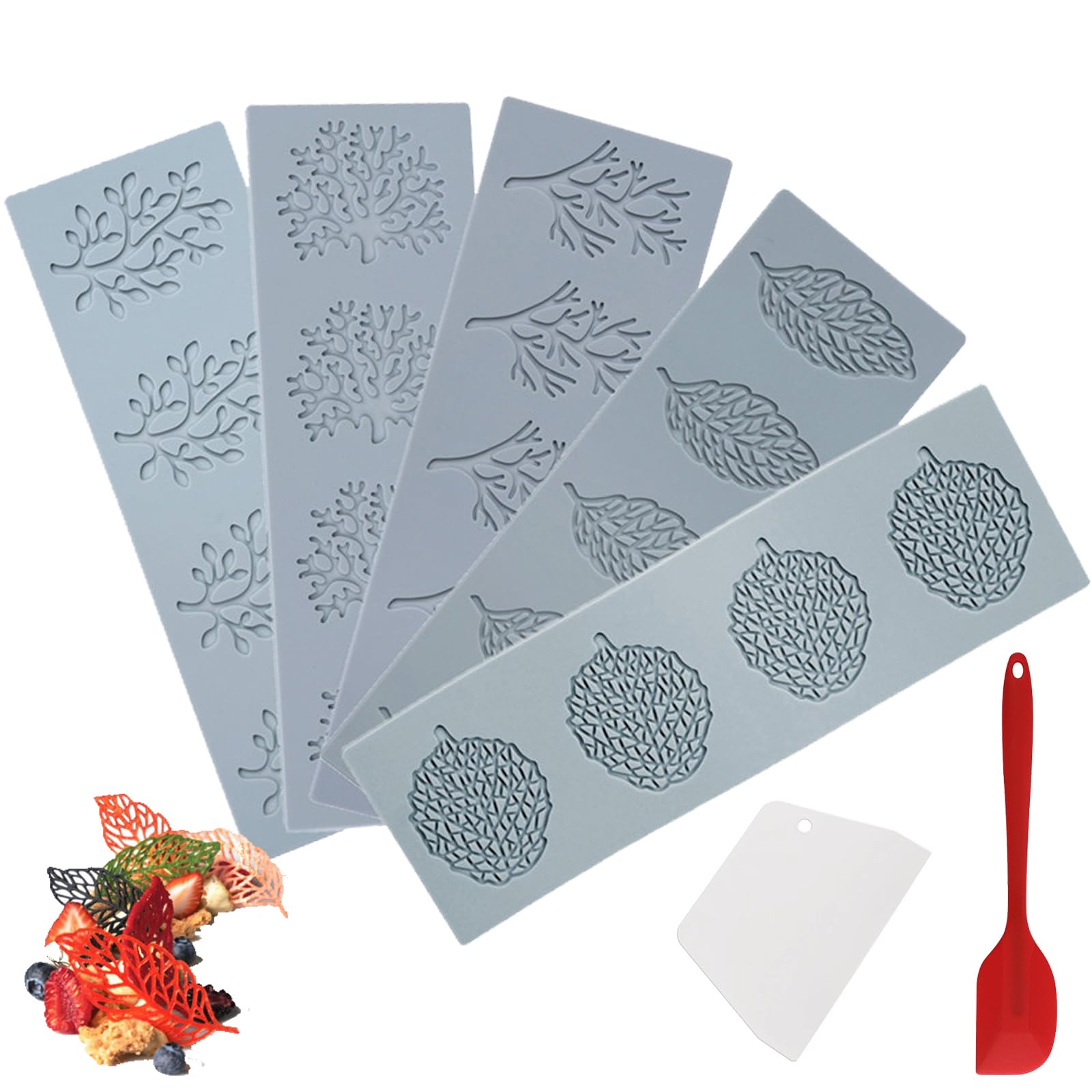 7Pcs Leaf Molds Silicone Fondant Molds With Dough Scraper Silicone Spatula, 3D Coral Branch Leaf Chocolate Molds, Silicone Molds